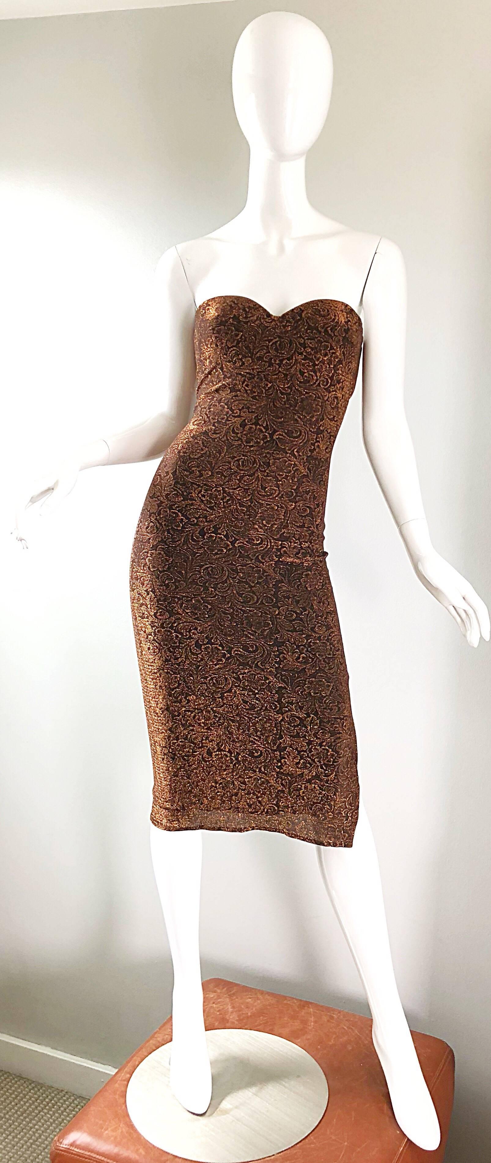 1990er Eletra Casadei Sexy Metallic Bronze / Gold Bodycon Kleid mit Wandelbarem Riemen, 1990er Jahre im Angebot 14