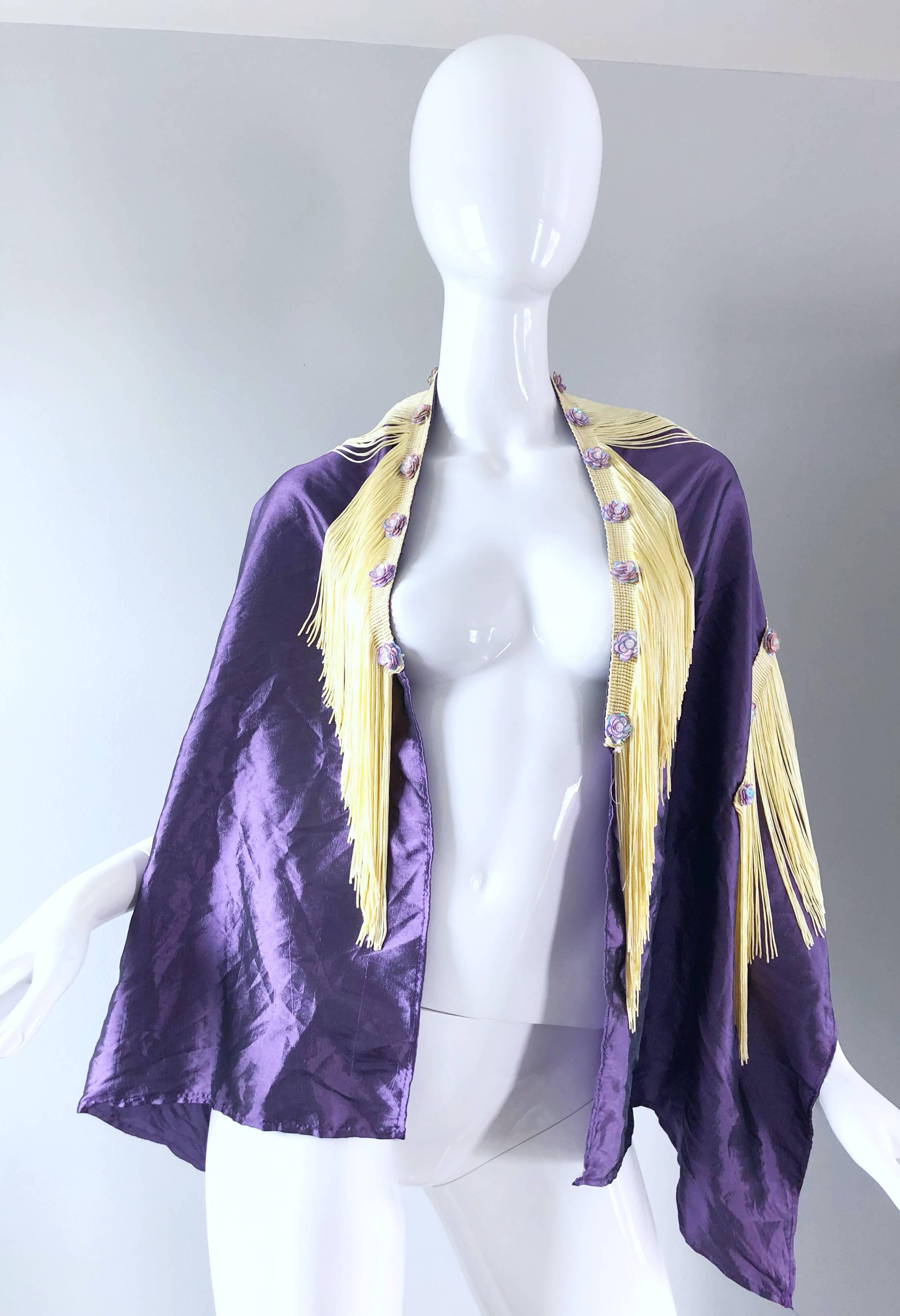 White Beautiful 1950s Purple + Ivory Large Fringed vintage 50s Sequin Shawl Scarf For Sale