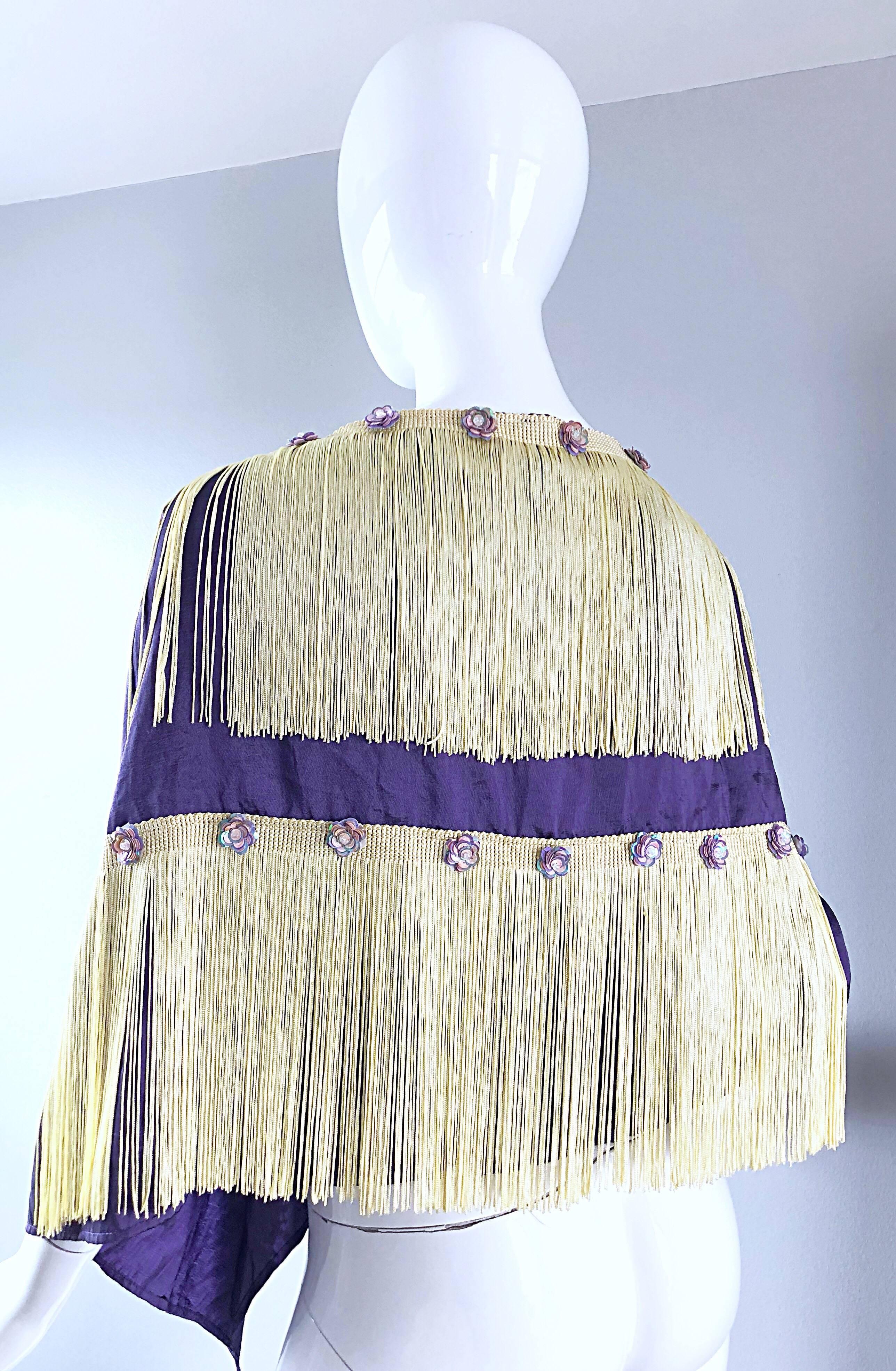 Beautiful 1950s Purple + Ivory Large Fringed vintage 50s Sequin Shawl Scarf In Excellent Condition For Sale In San Diego, CA