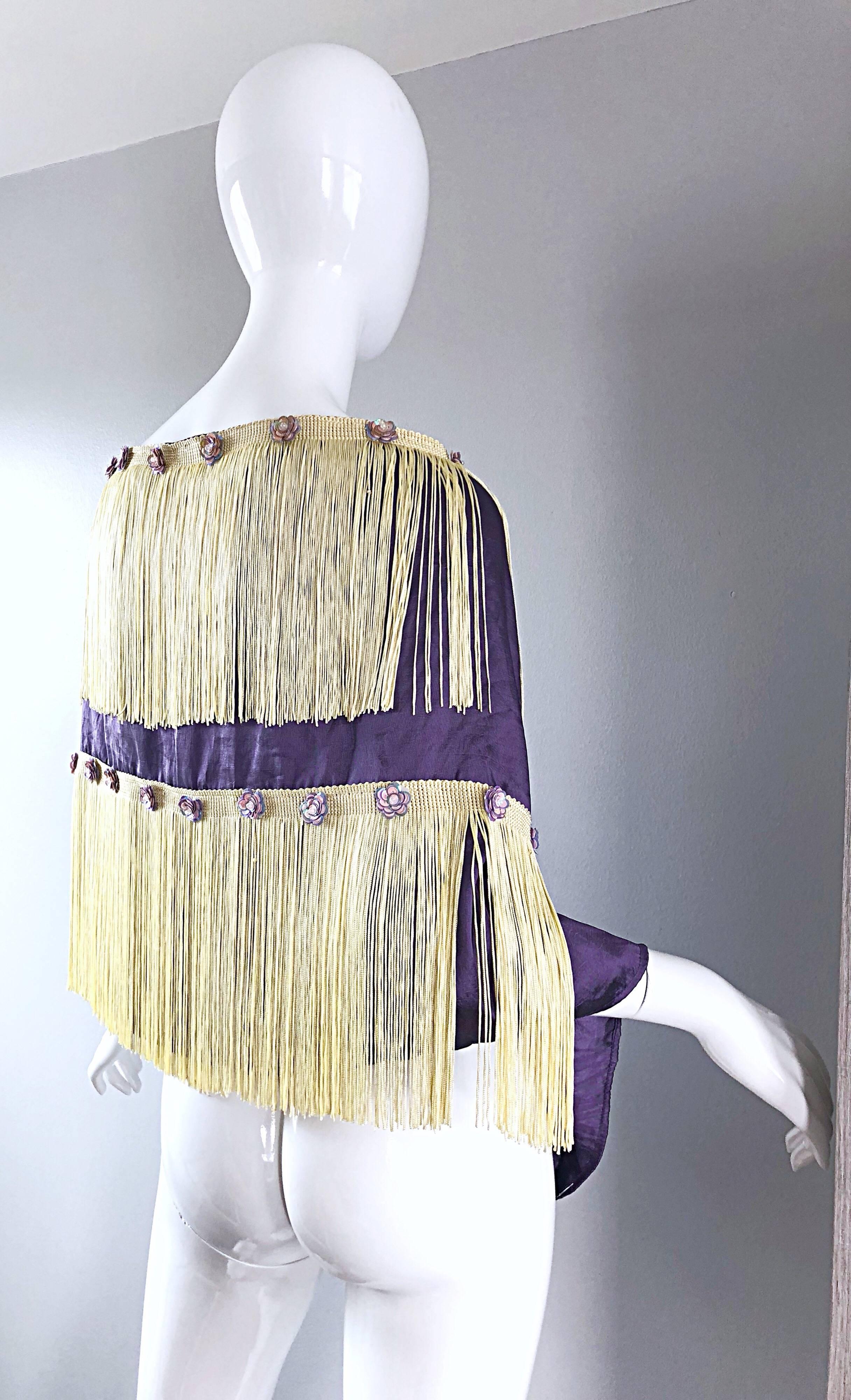 Women's Beautiful 1950s Purple + Ivory Large Fringed vintage 50s Sequin Shawl Scarf For Sale