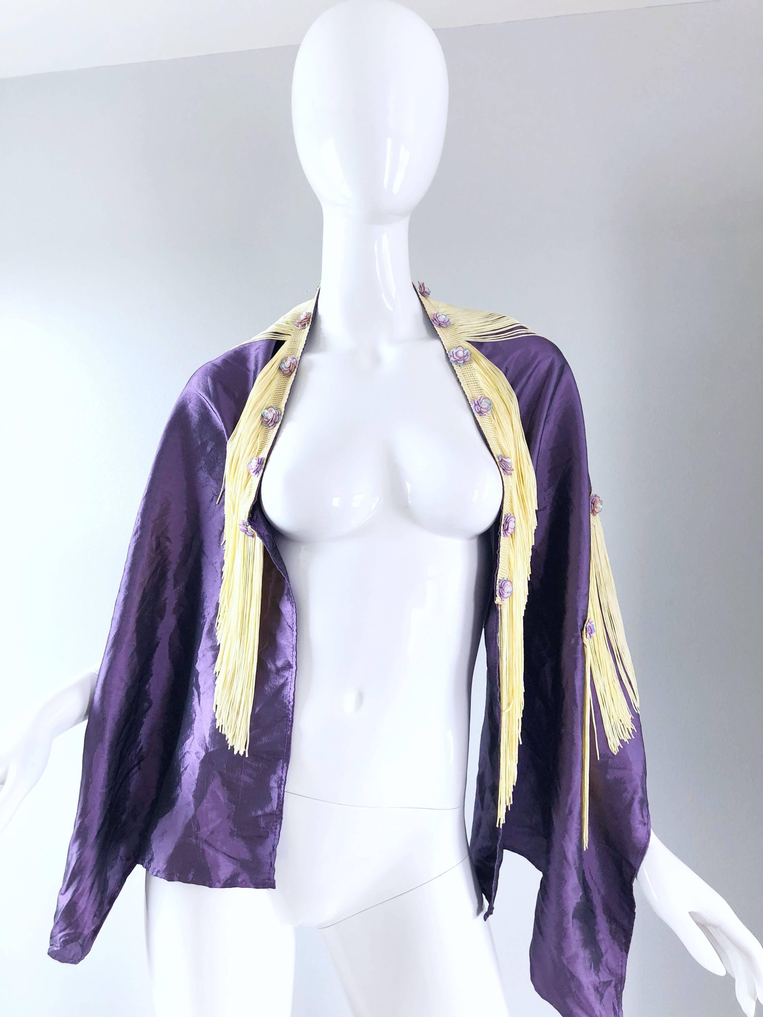 Beautiful 1950s Purple + Ivory Large Fringed vintage 50s Sequin Shawl Scarf For Sale 1