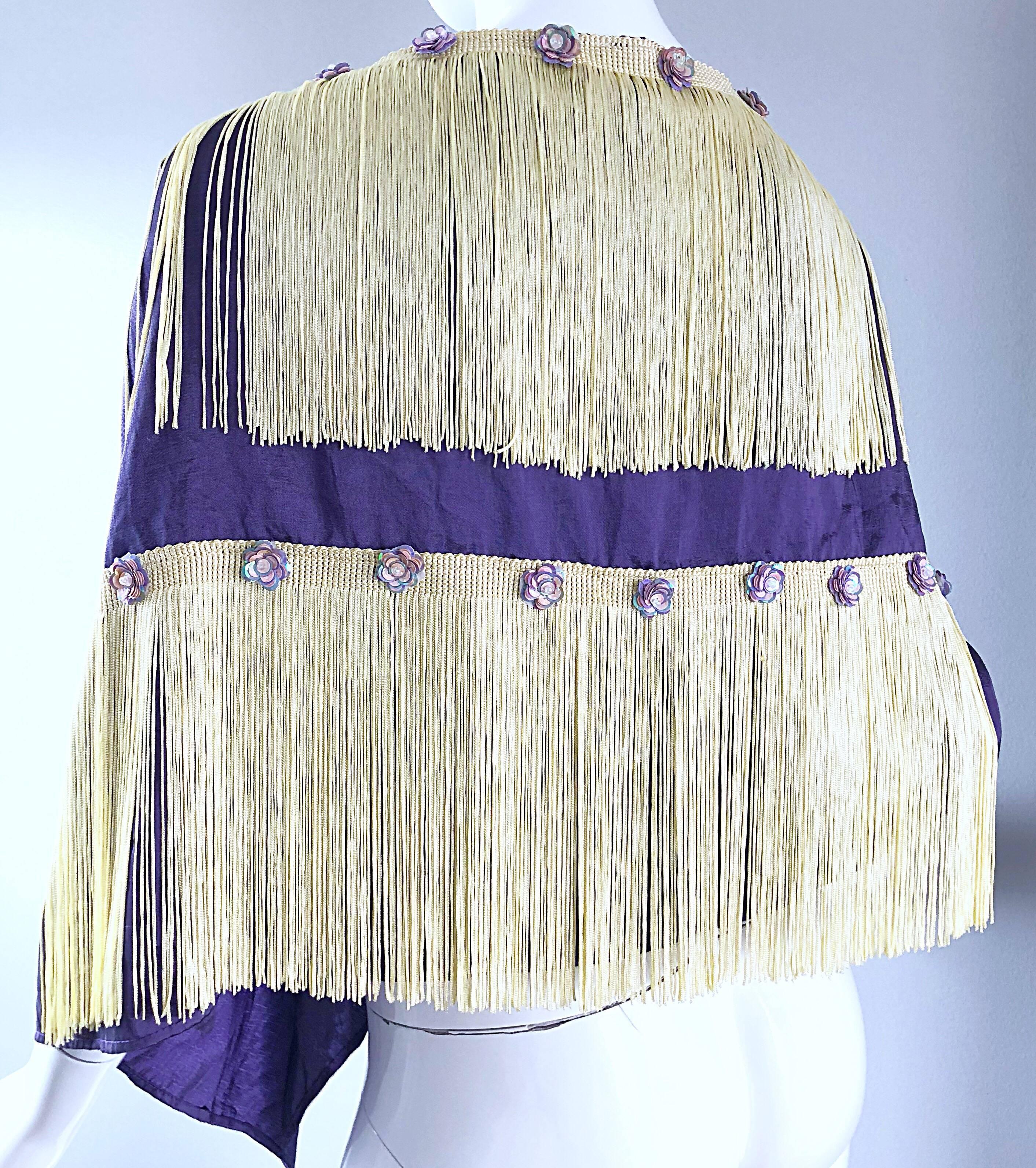 Beautiful 1950s Purple + Ivory Large Fringed vintage 50s Sequin Shawl Scarf For Sale 2