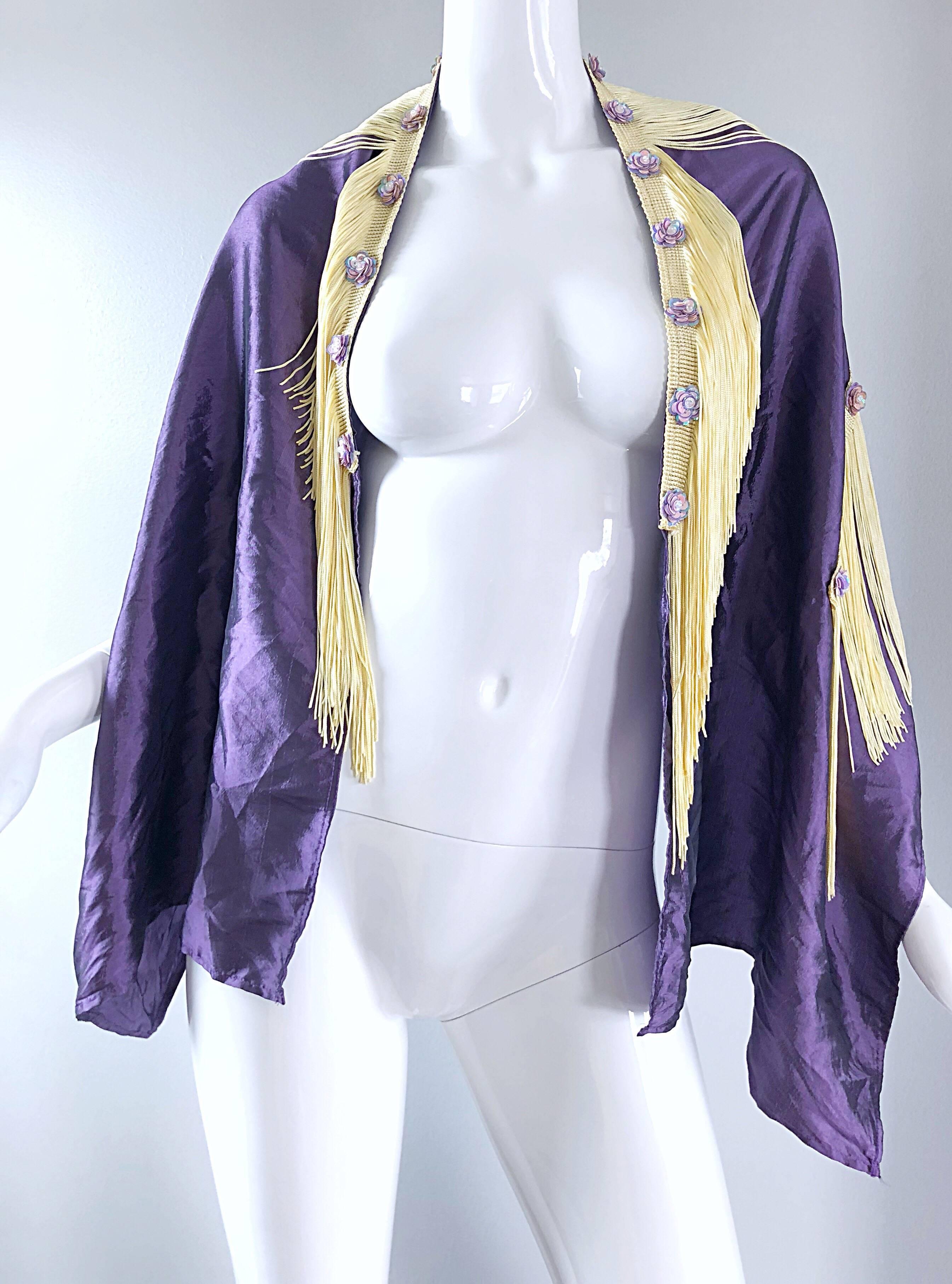Beautiful 1950s Purple + Ivory Large Fringed vintage 50s Sequin Shawl Scarf For Sale 3