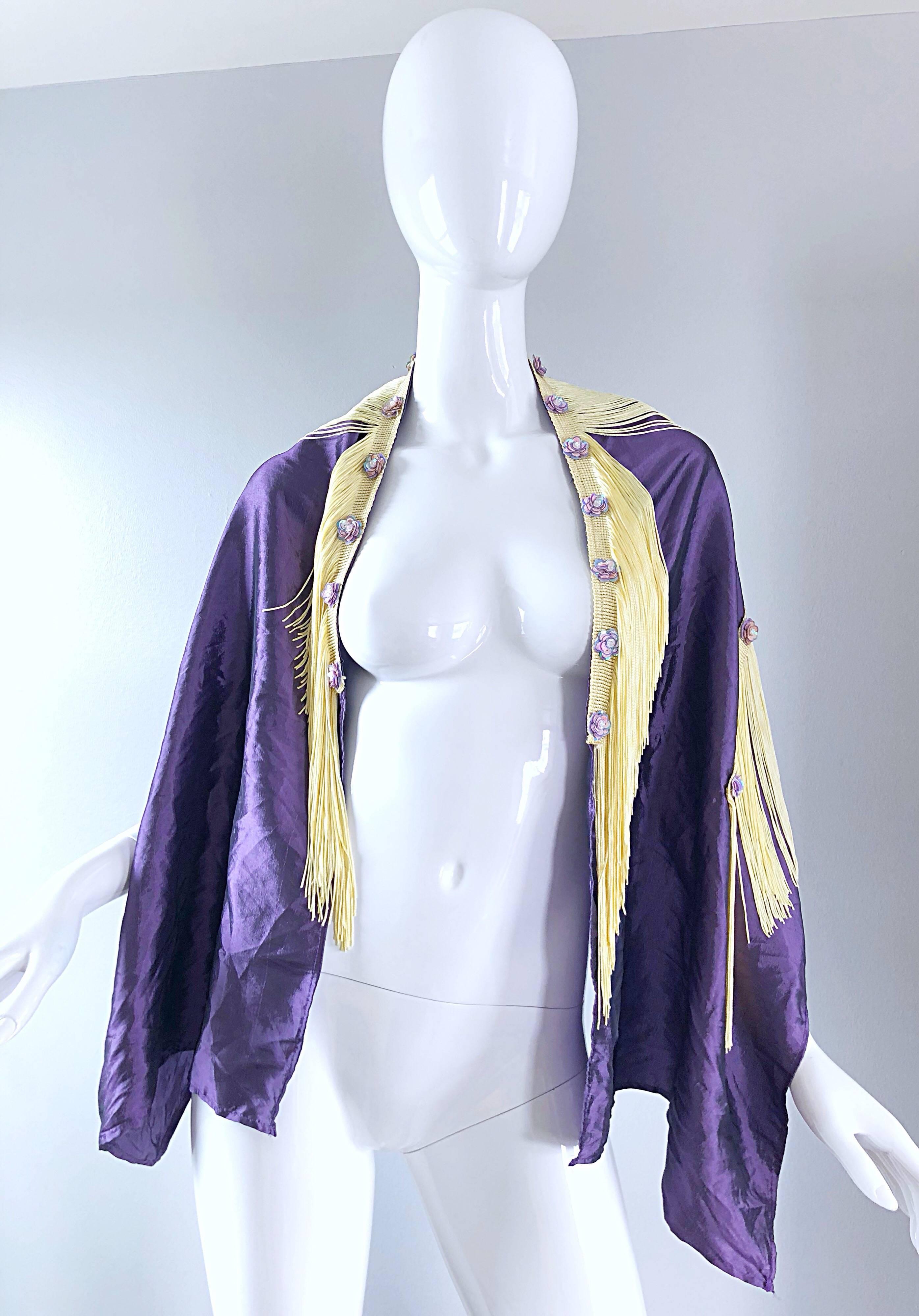 Beautiful 1950s Purple + Ivory Large Fringed vintage 50s Sequin Shawl Scarf For Sale 4