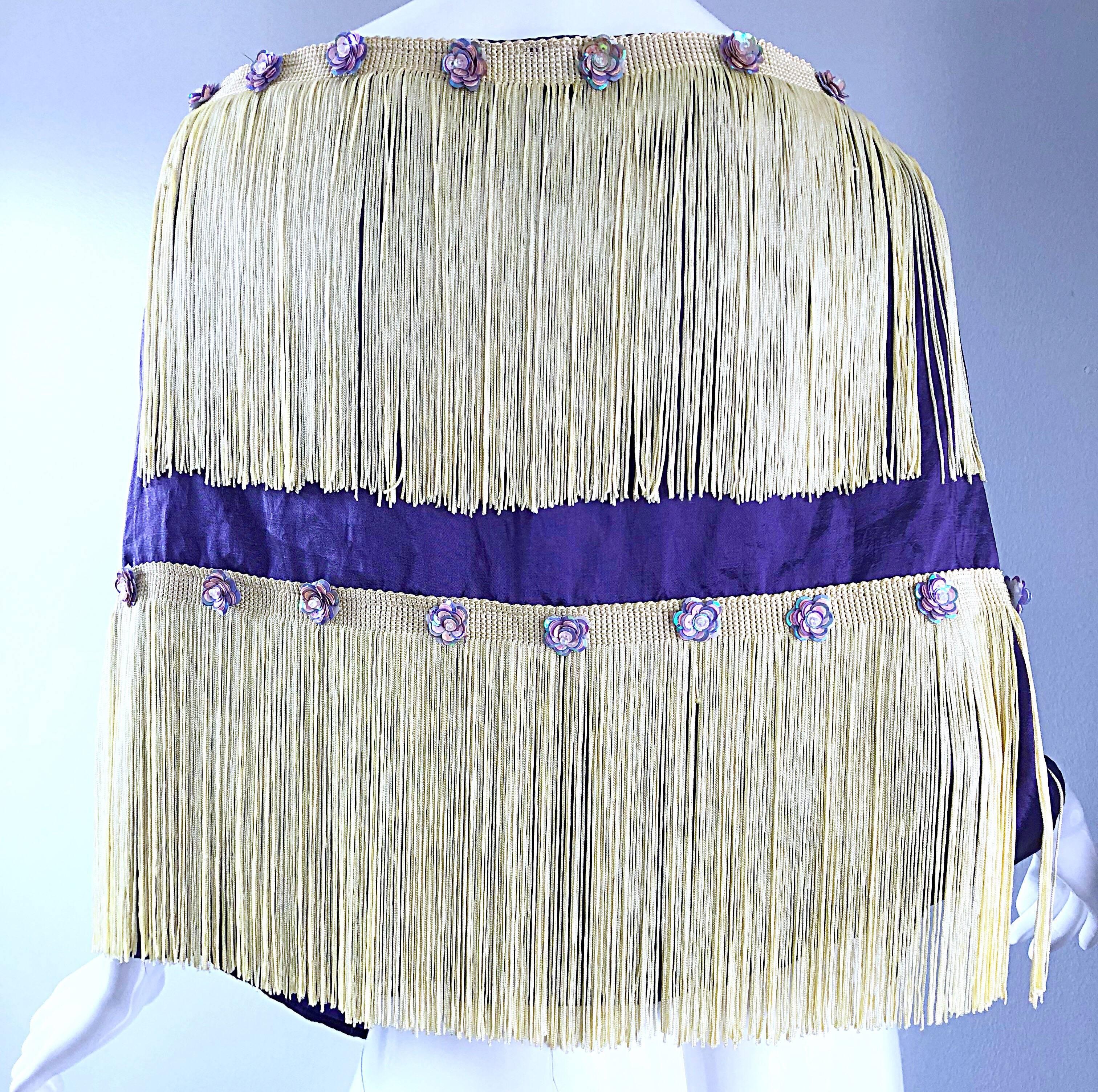 Beautiful 1950s Purple + Ivory Large Fringed vintage 50s Sequin Shawl Scarf For Sale 5