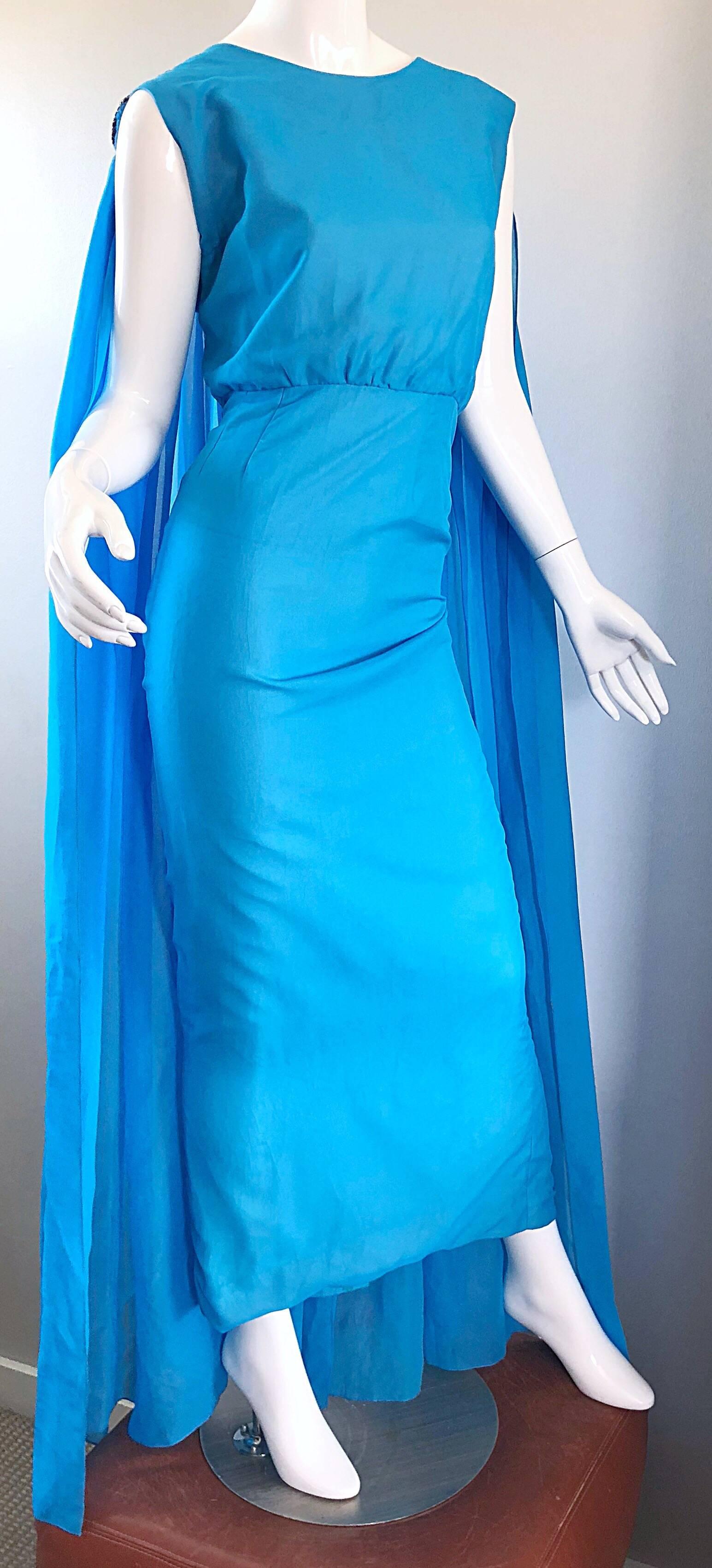 Incredible 1960s Turquoise Blue Chiffon Rhinestone Encrusted Vintage Cape Gown In Excellent Condition In San Diego, CA