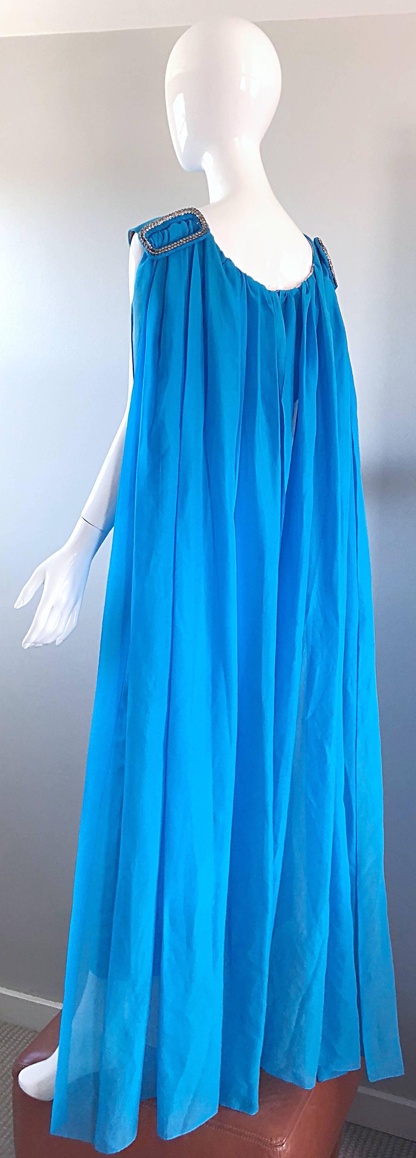 Women's Incredible 1960s Turquoise Blue Chiffon Rhinestone Encrusted Vintage Cape Gown