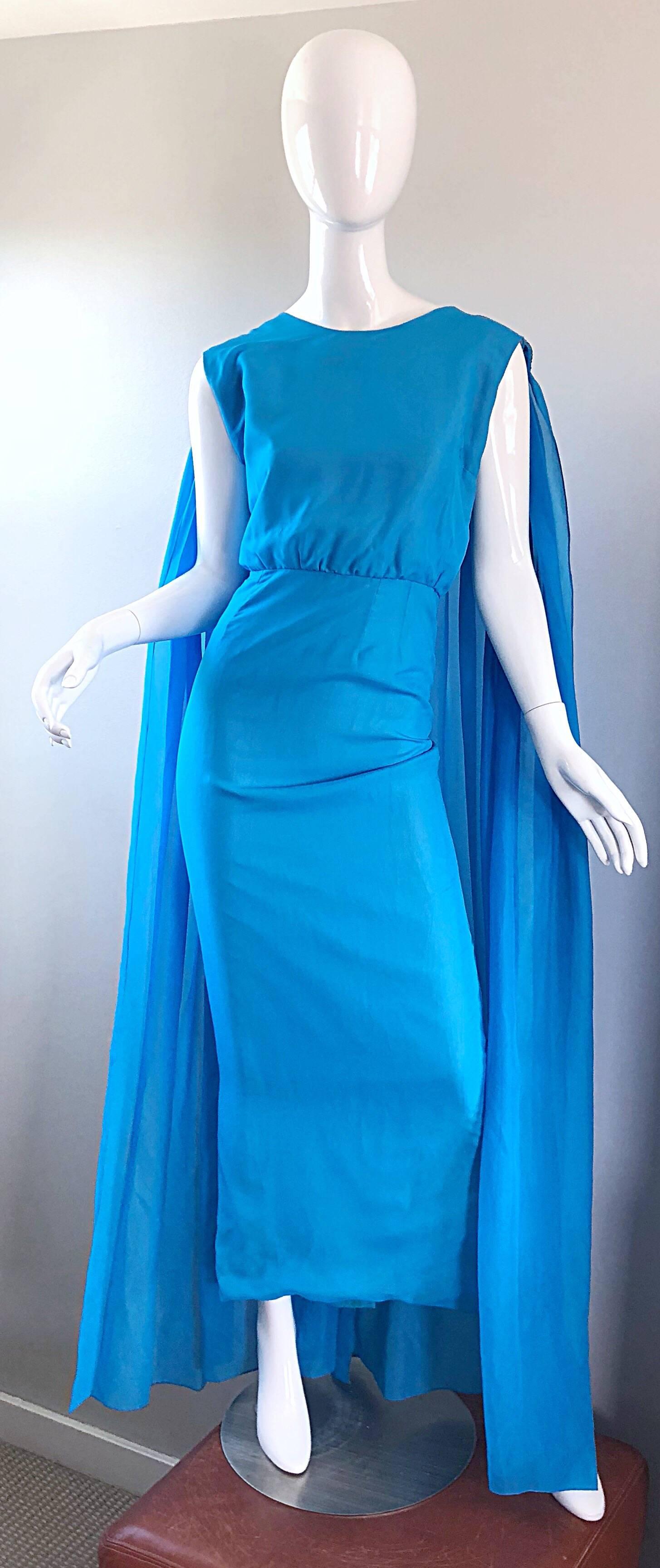 Incredible 1960s Turquoise Blue Chiffon Rhinestone Encrusted Vintage Cape Gown 1