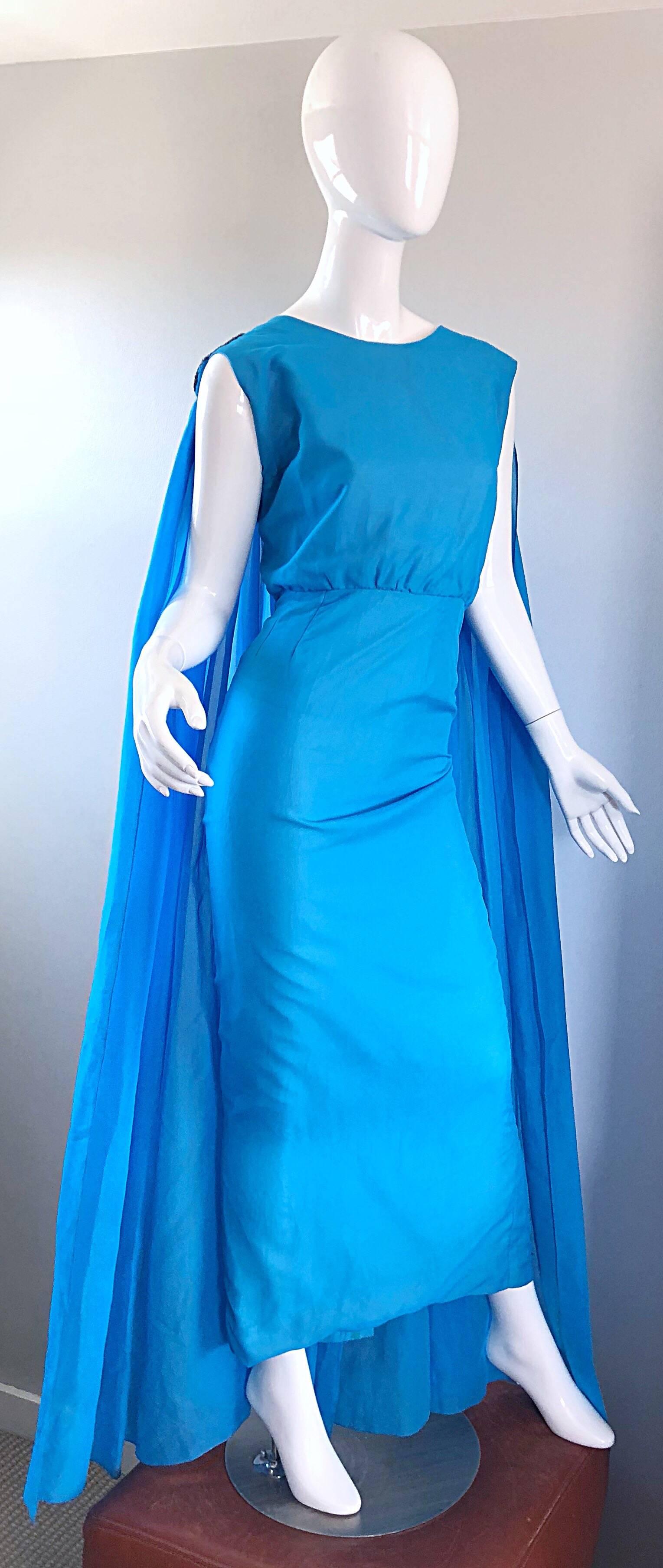 Incredible 1960s Turquoise Blue Chiffon Rhinestone Encrusted Vintage Cape Gown 2