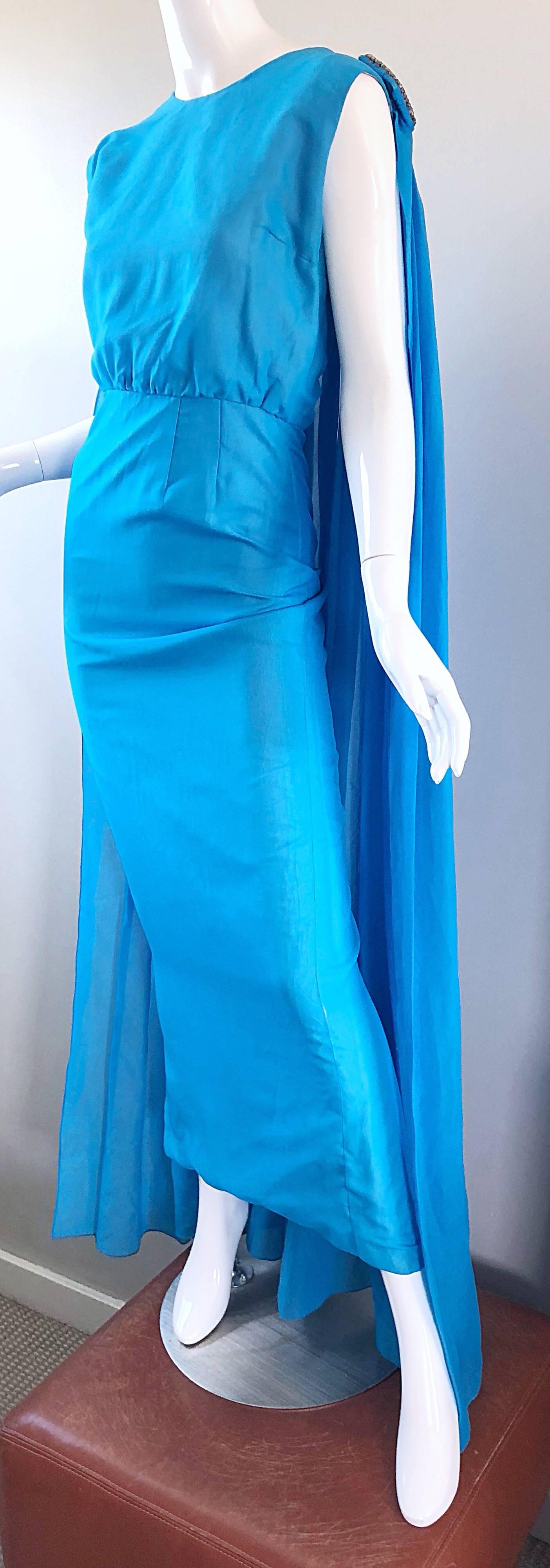 Incredible 1960s Turquoise Blue Chiffon Rhinestone Encrusted Vintage Cape Gown 3