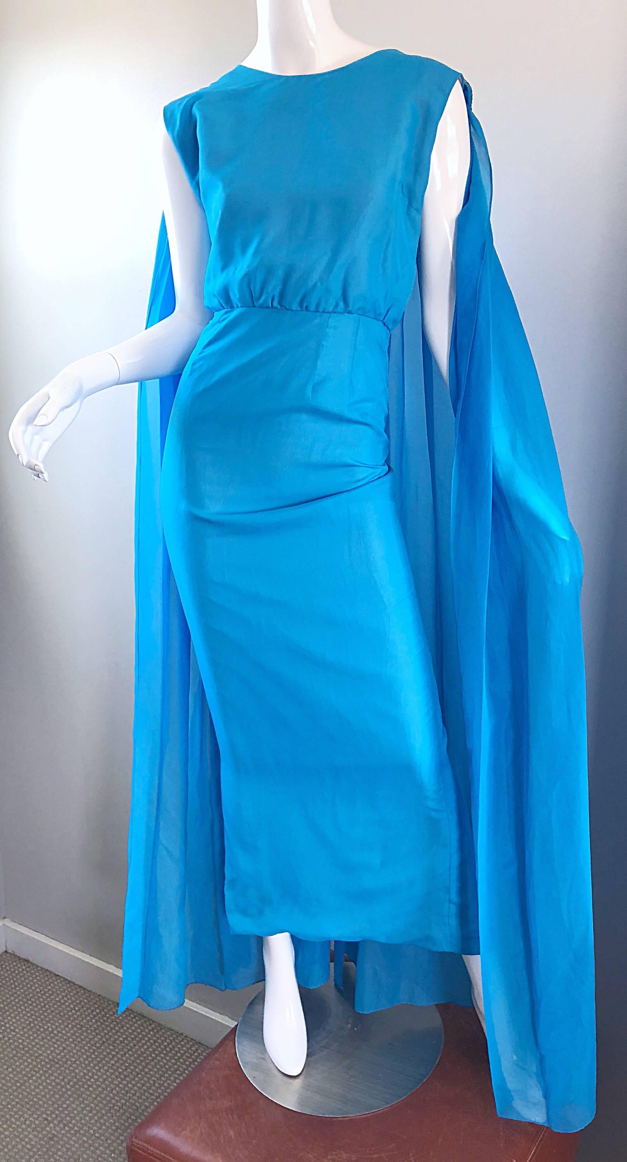 Incredible 1960s Turquoise Blue Chiffon Rhinestone Encrusted Vintage Cape Gown 4
