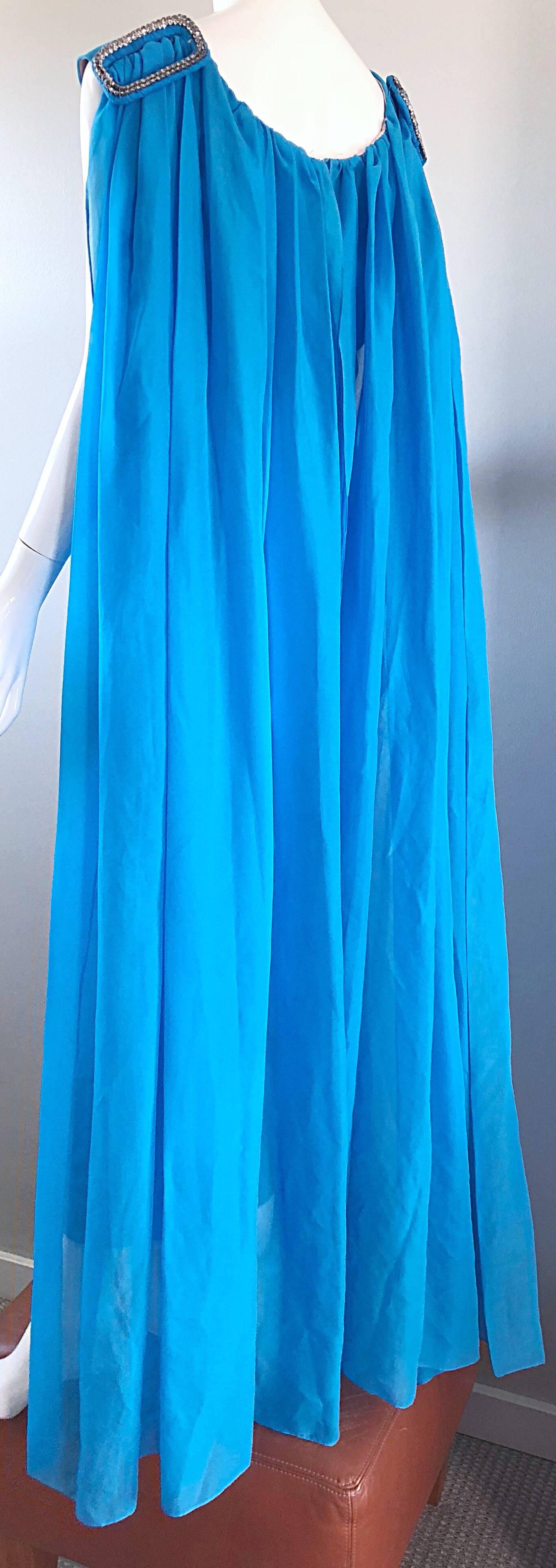 Incredible 1960s Turquoise Blue Chiffon Rhinestone Encrusted Vintage Cape Gown 5