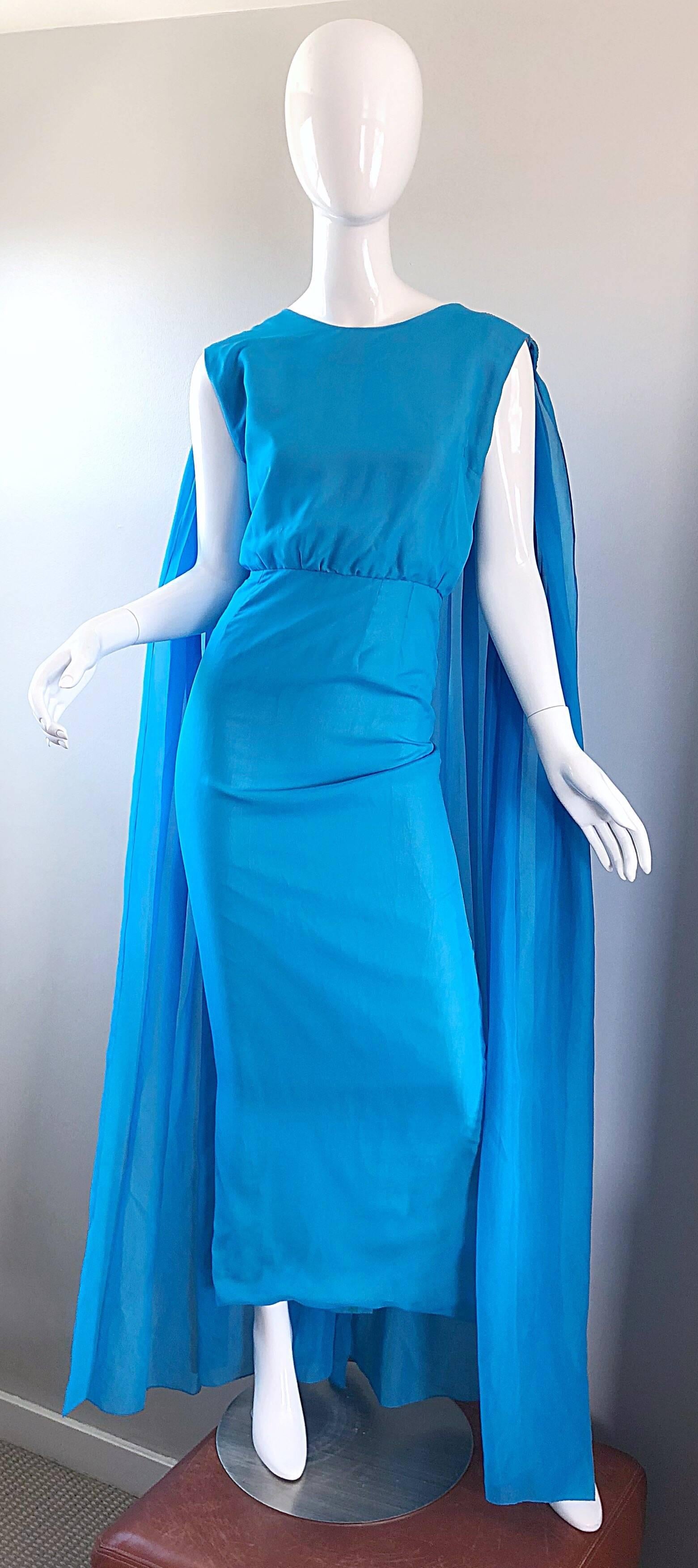 Incredible 1960s Turquoise Blue Chiffon Rhinestone Encrusted Vintage Cape Gown 6