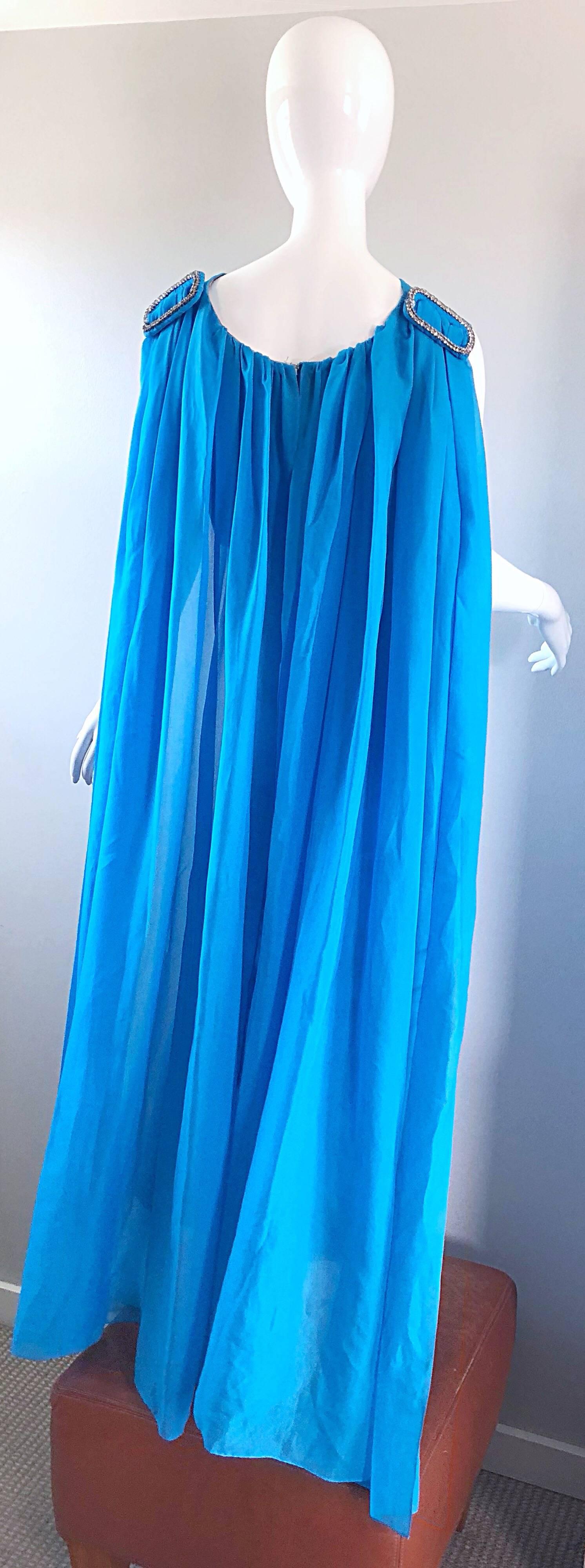 Incredible 1960s Turquoise Blue Chiffon Rhinestone Encrusted Vintage Cape Gown 7