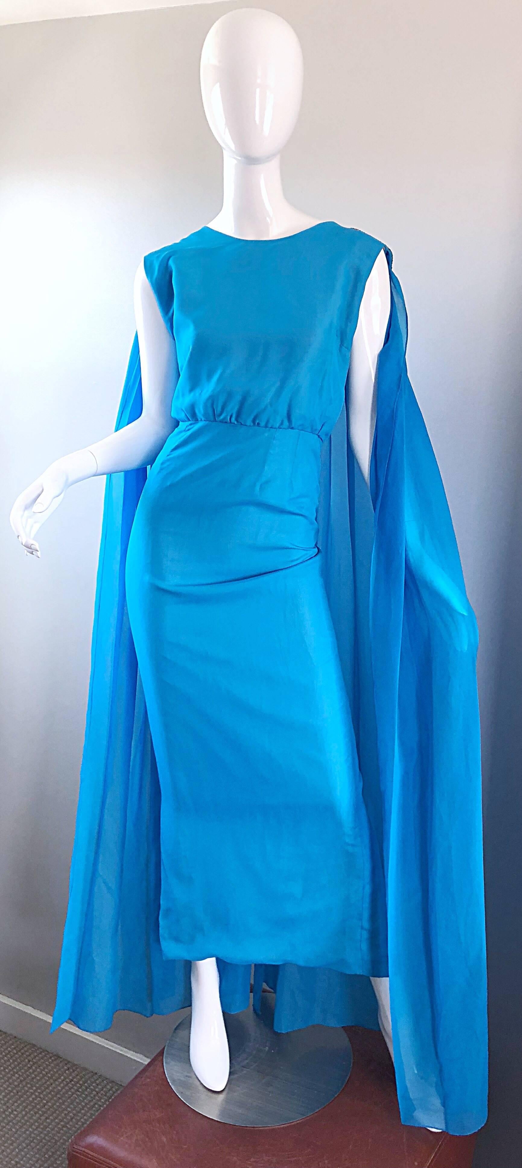 Incredible 1960s Turquoise Blue Chiffon Rhinestone Encrusted Vintage Cape Gown 8