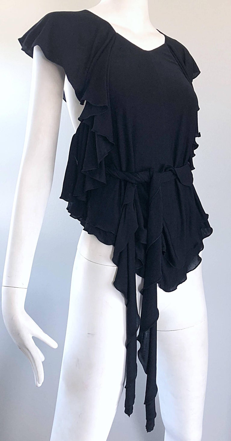 70’s Black and Silver Polyester Wrap Blouse with Belt main image 1