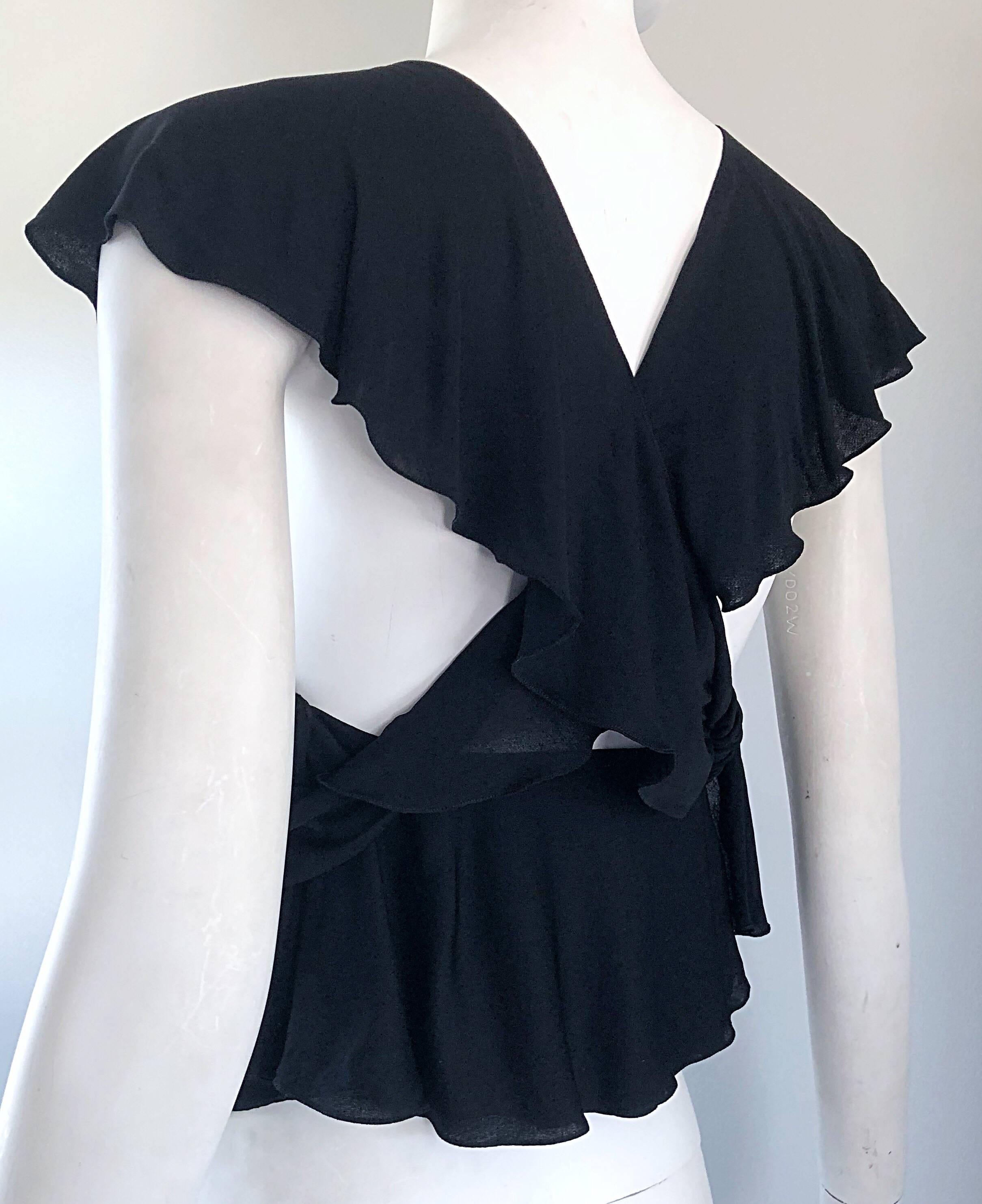 Women's Early 1970s Holly's Harp Rare Black Silk Jersey Wrap Cap Sleeve 70s Wrap Blouse For Sale
