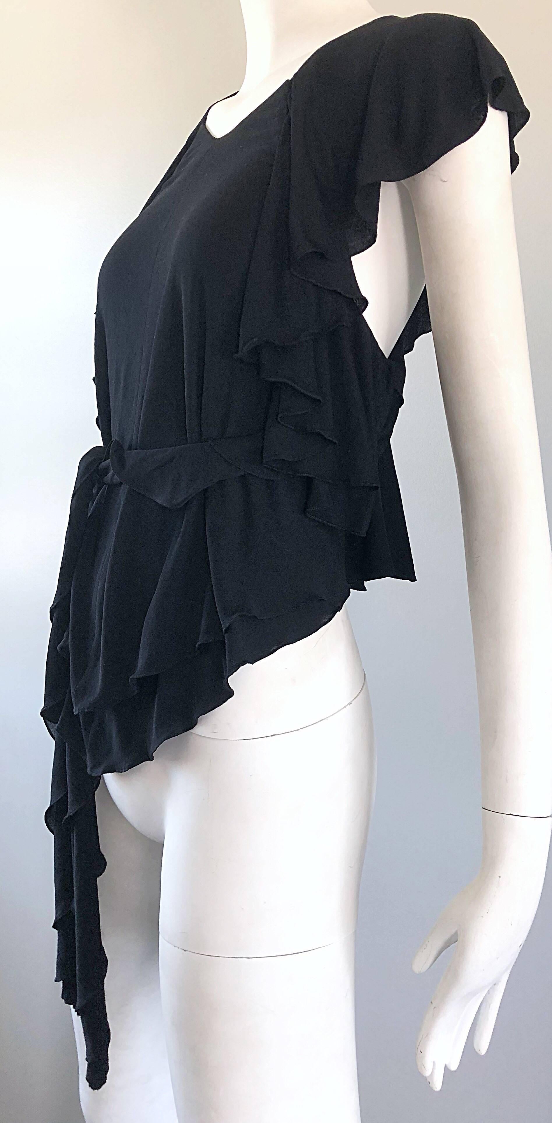 Early 1970s Holly's Harp Rare Black Silk Jersey Wrap Cap Sleeve 70s Wrap Blouse For Sale 1