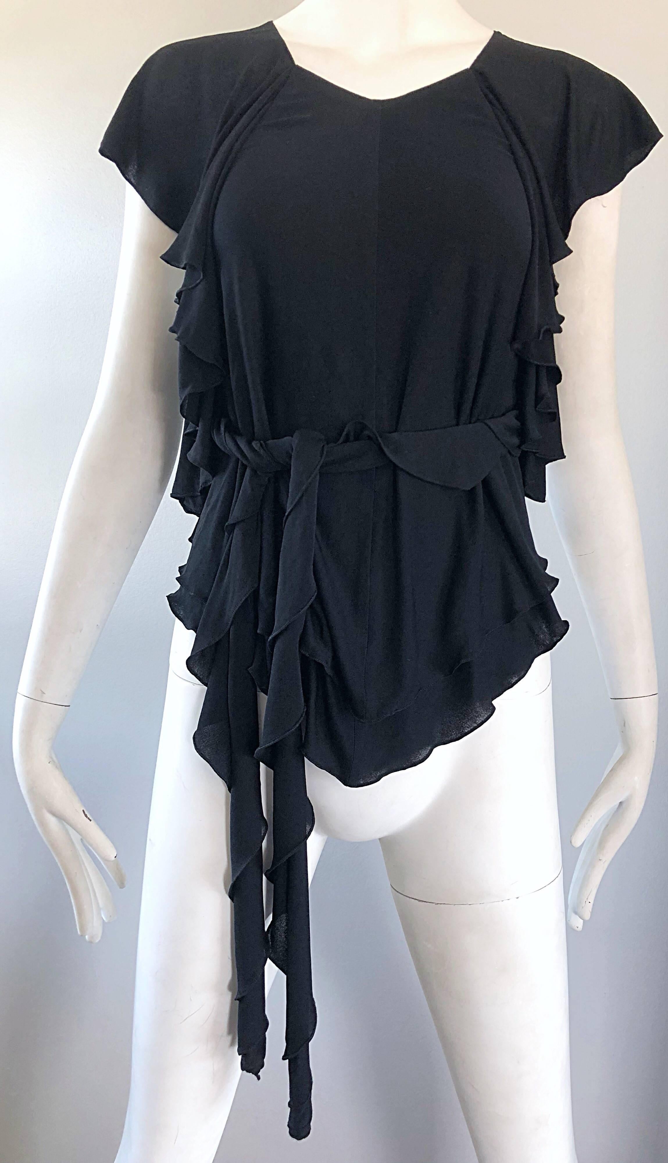 Early 1970s Holly's Harp Rare Black Silk Jersey Wrap Cap Sleeve 70s Wrap Blouse For Sale 2