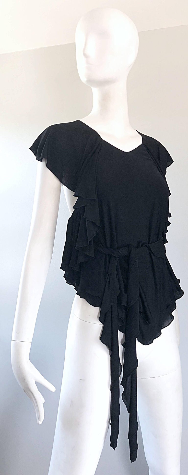 70’s Black and Silver Polyester Wrap Blouse with Belt