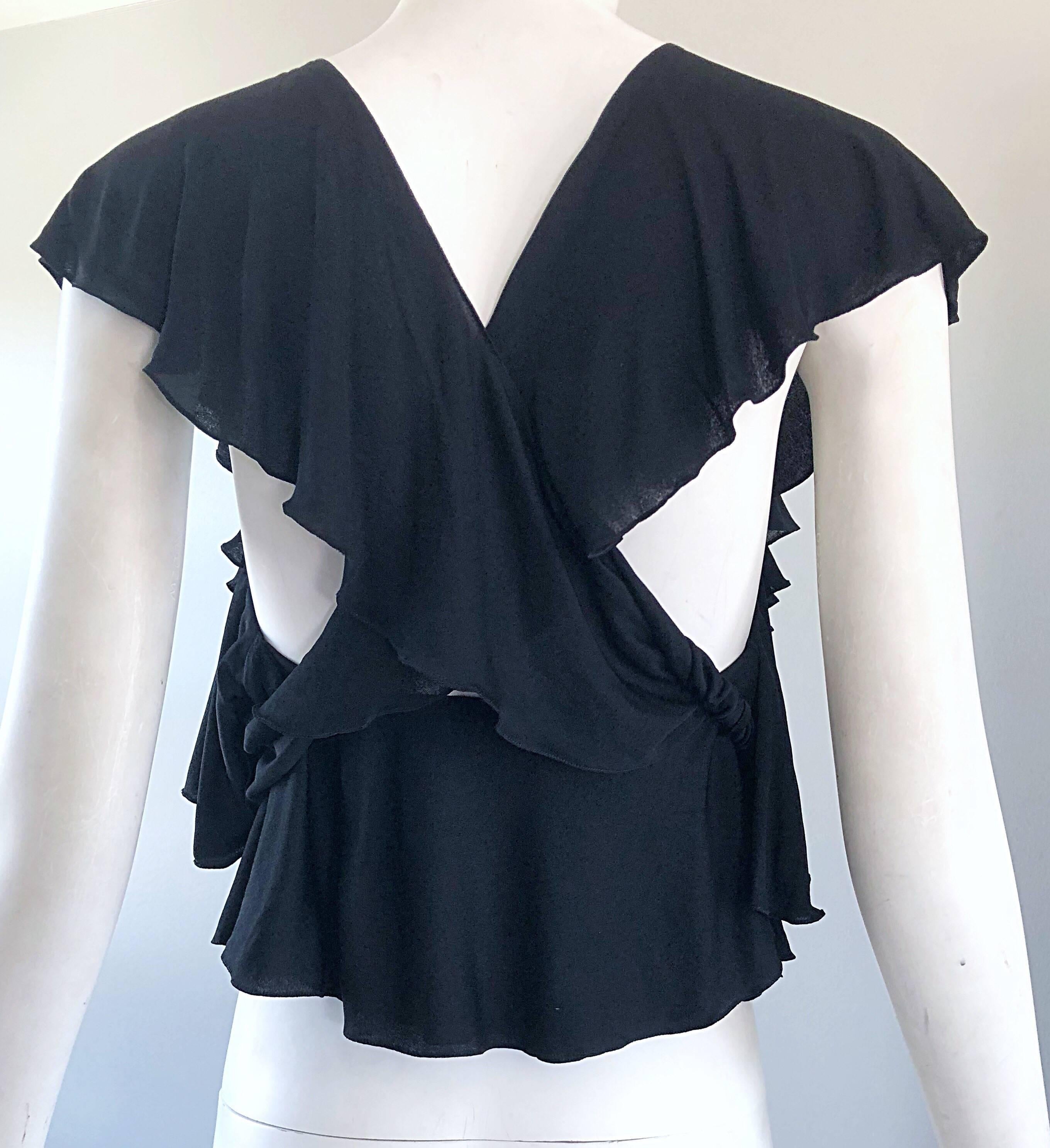 Early 1970s Holly's Harp Rare Black Silk Jersey Wrap Cap Sleeve 70s Wrap Blouse For Sale 5