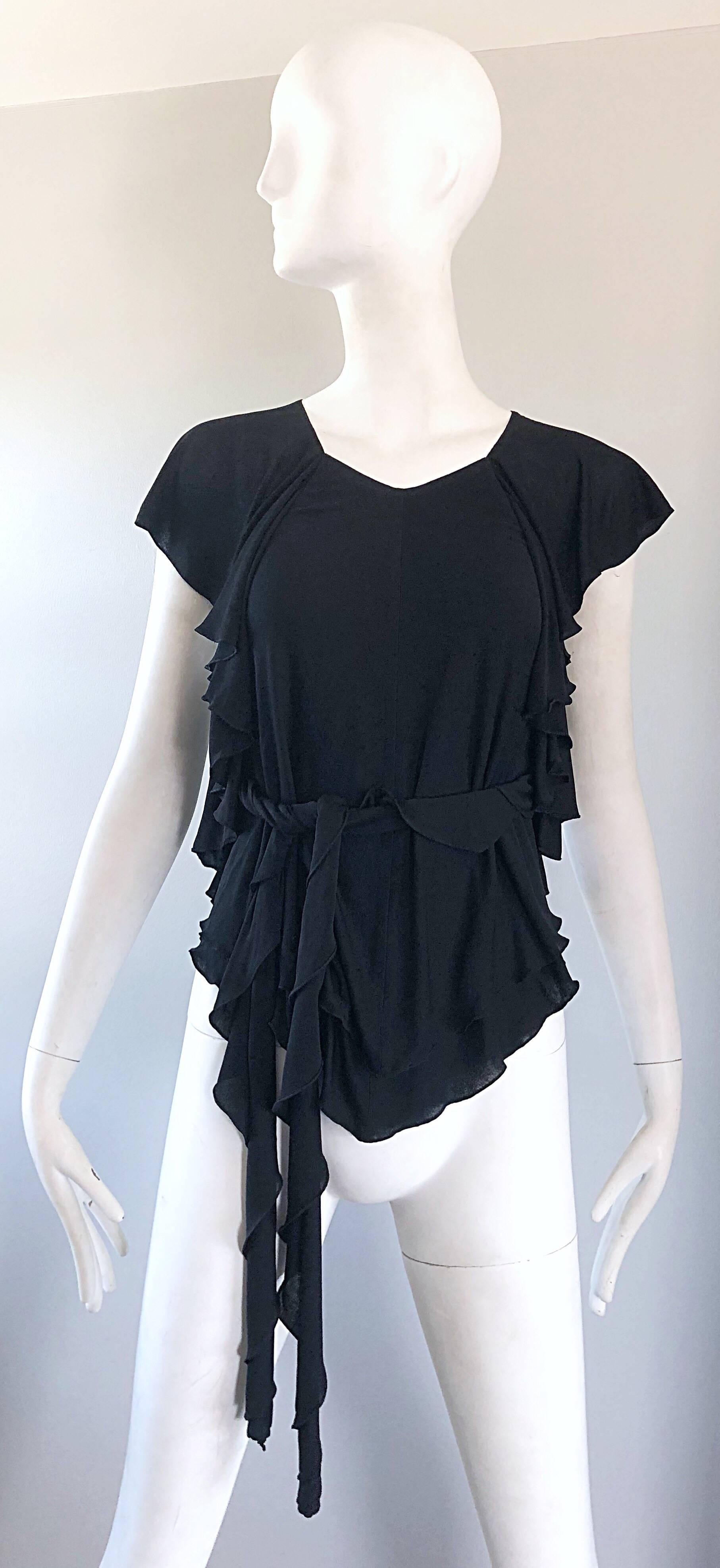 Early 1970s Holly's Harp Rare Black Silk Jersey Wrap Cap Sleeve 70s Wrap Blouse For Sale 6