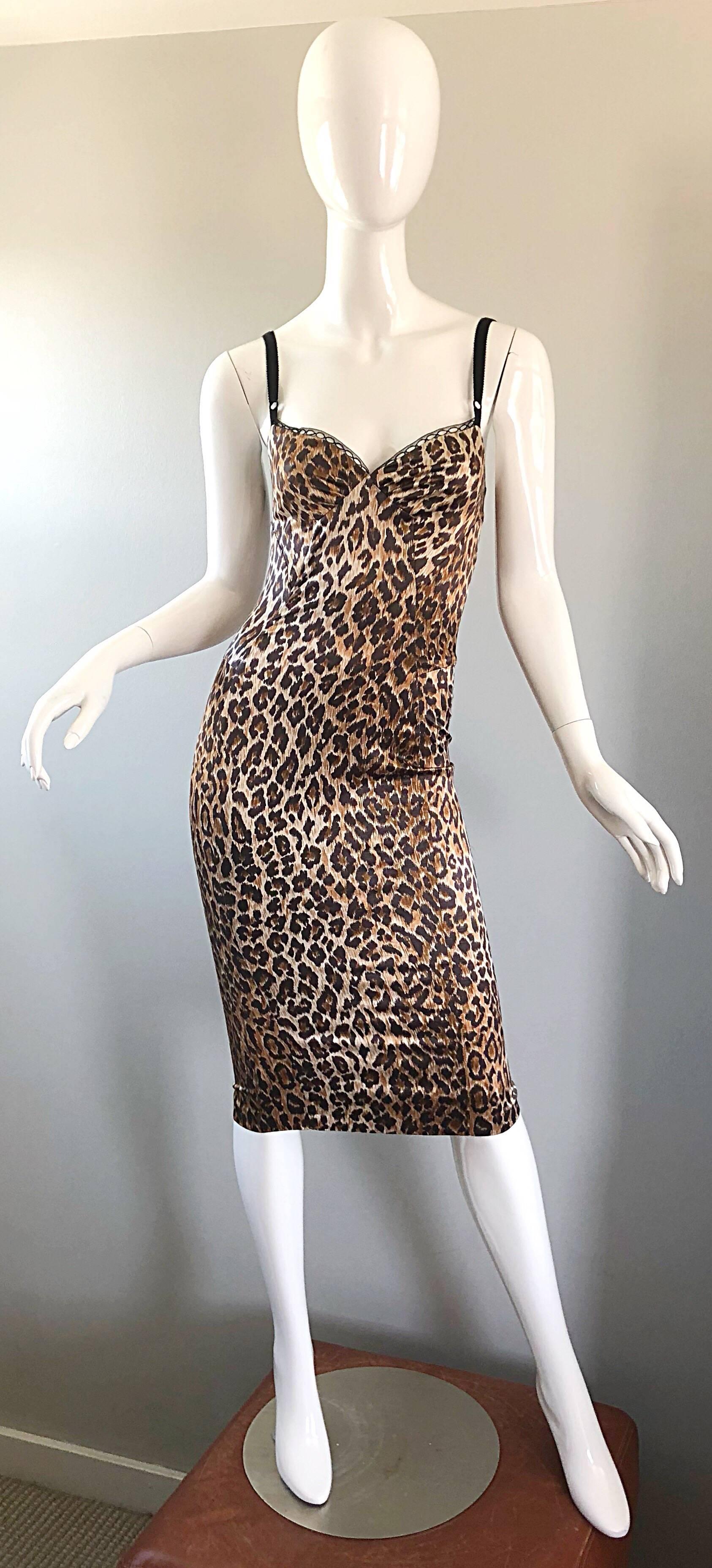 Sexy iconic late 90s DOLCE & GABBANA leopard / cheetah animal print bodycon bustier corset dress! Now, this is a DRESS! Features everything a woman could possibly want in a dress--Super flattering fabric that stretches to fit, and hides any