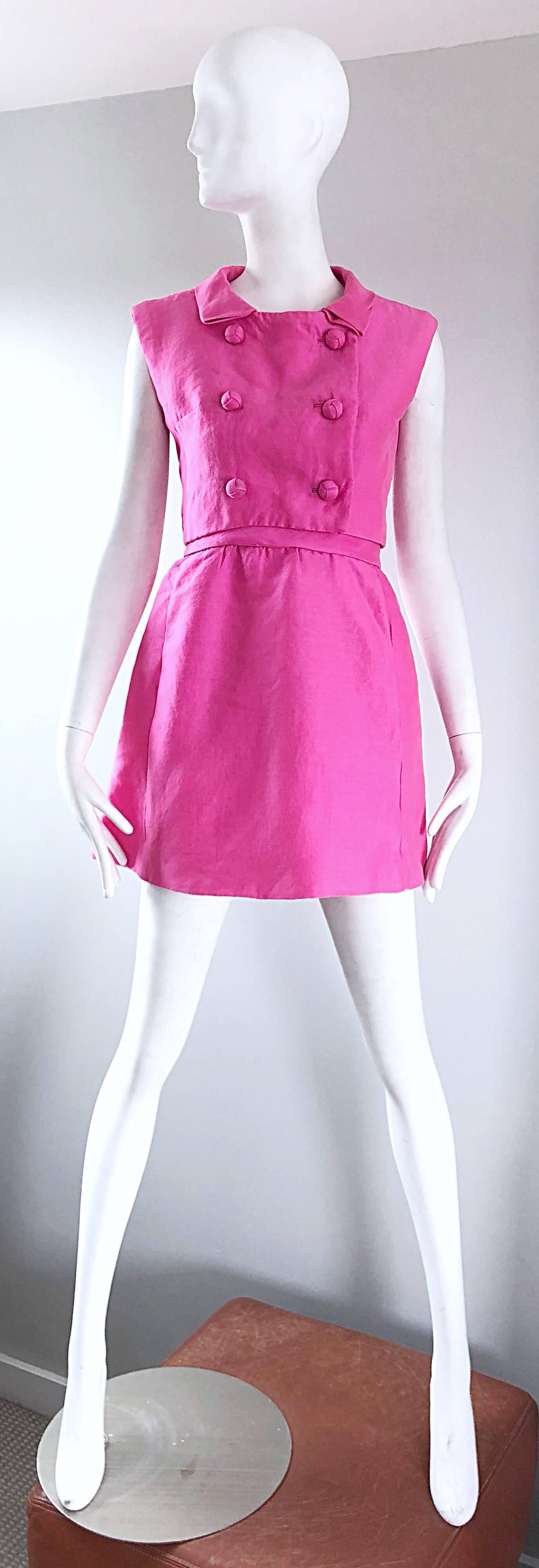 Chic 1960s B. ALTMAN bubblegum pink raw silk shantung A-Line mini dress and crop top! Fitted bodice with a strong A-Line skirt. Full metal zipper up the back with hook-and-eye closure. Crop top also features a full metal zipper up the back with