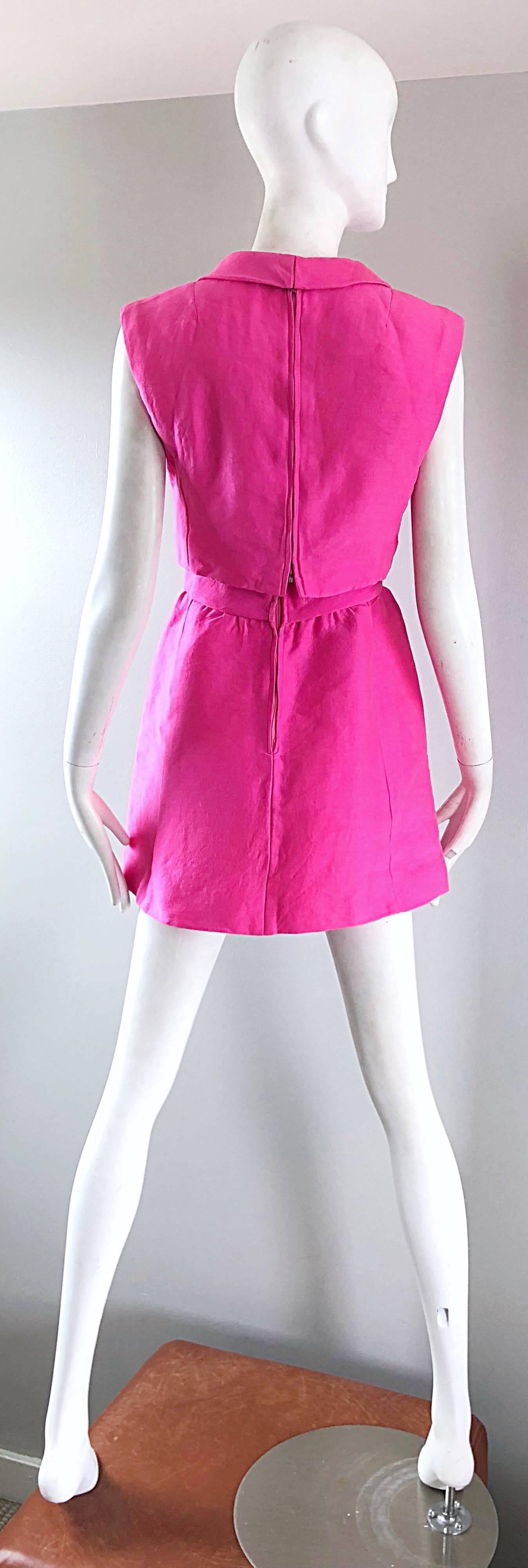 1960s B. Altman Bubblegum Pink Raw Silk Vintage 60s A - Line Dress + Crop Top In Good Condition In San Diego, CA