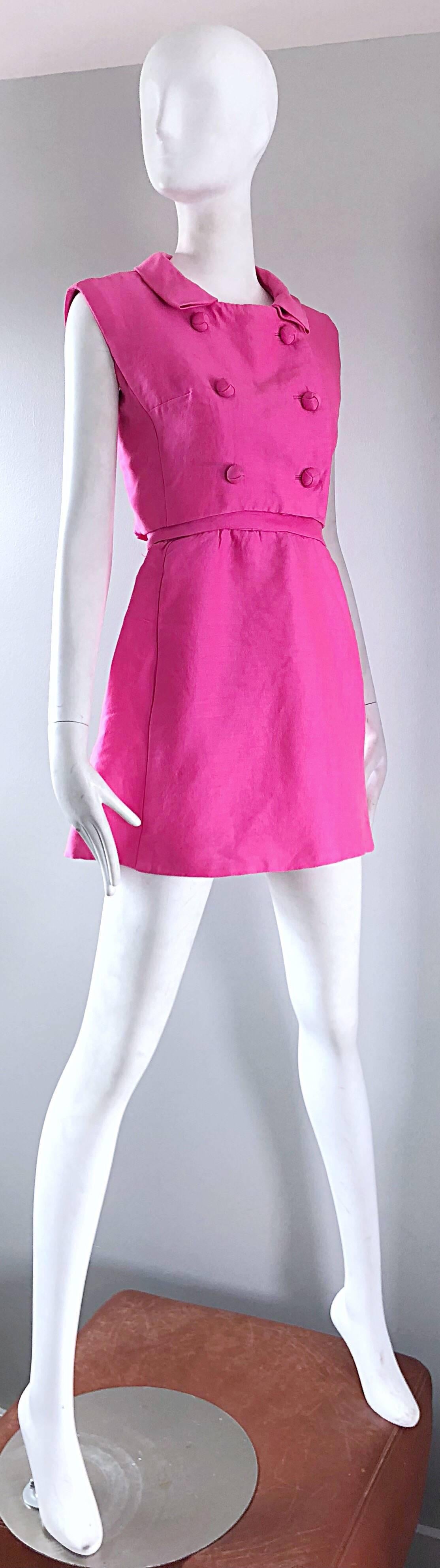 1960s B. Altman Bubblegum Pink Raw Silk Vintage 60s A - Line Dress + Crop Top 1