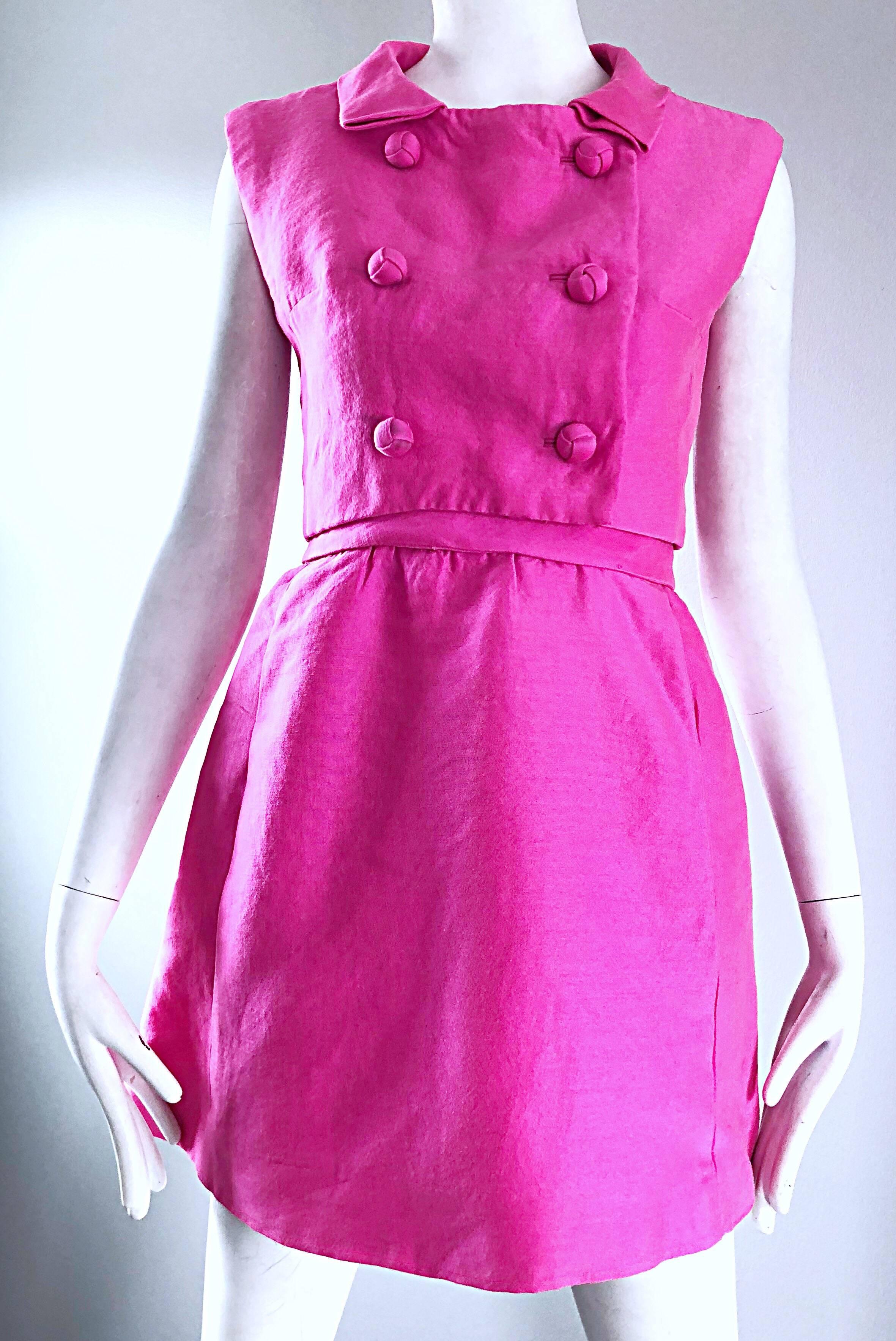 1960s B. Altman Bubblegum Pink Raw Silk Vintage 60s A - Line Dress + Crop Top 2