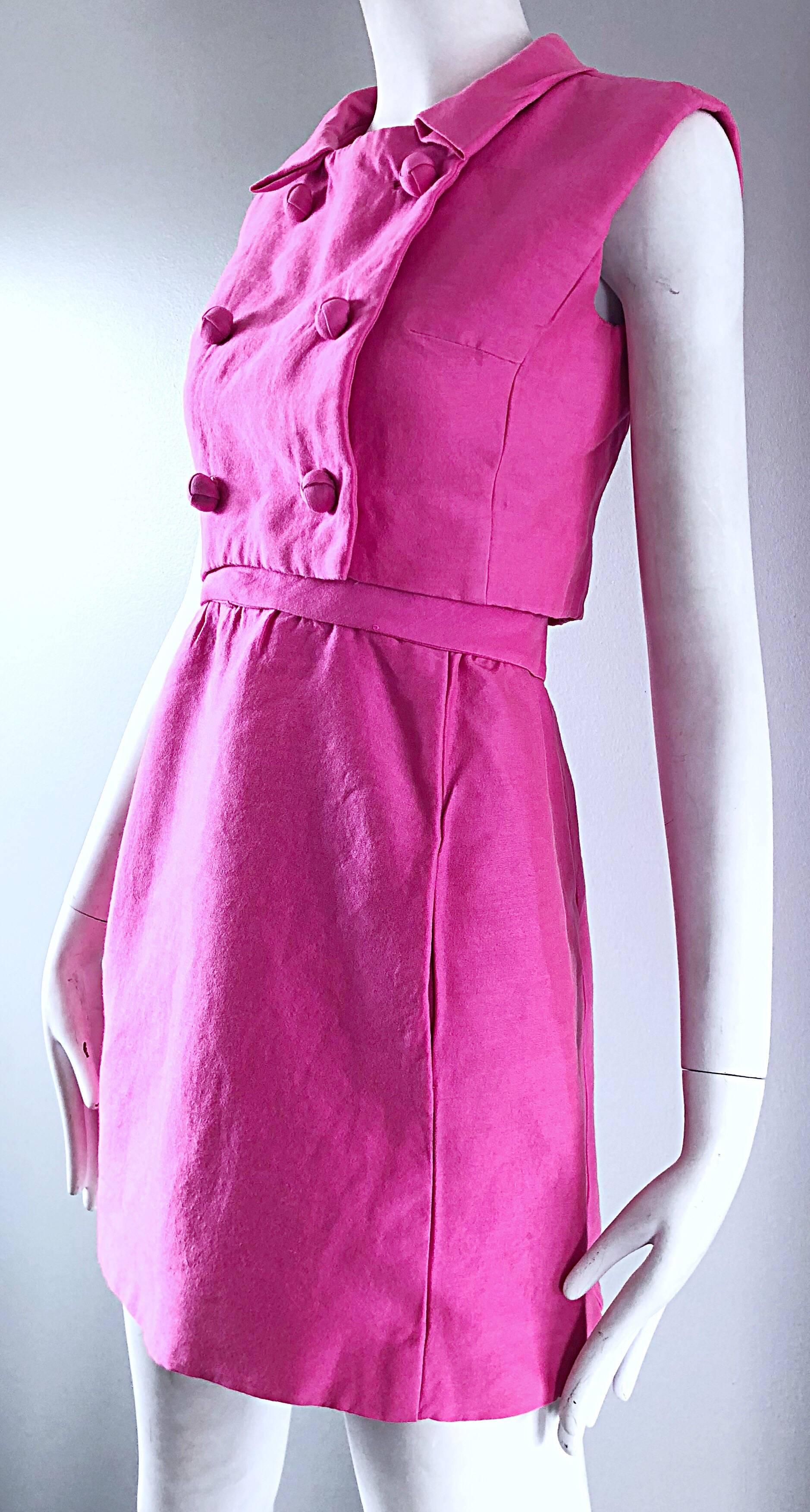 1960s B. Altman Bubblegum Pink Raw Silk Vintage 60s A - Line Dress + Crop Top 3