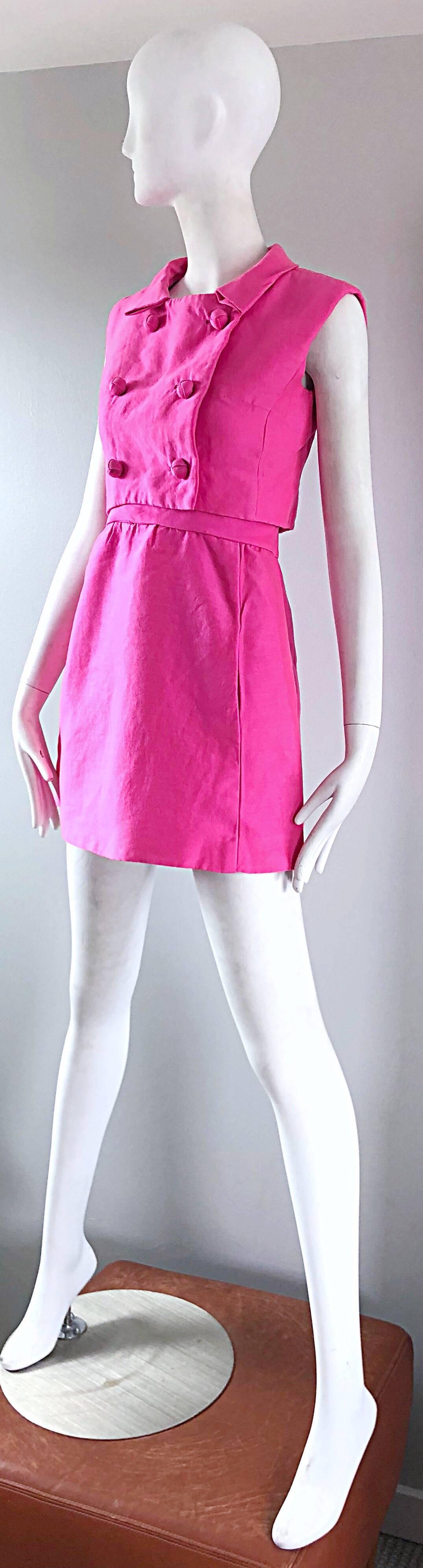1960s B. Altman Bubblegum Pink Raw Silk Vintage 60s A - Line Dress + Crop Top 6