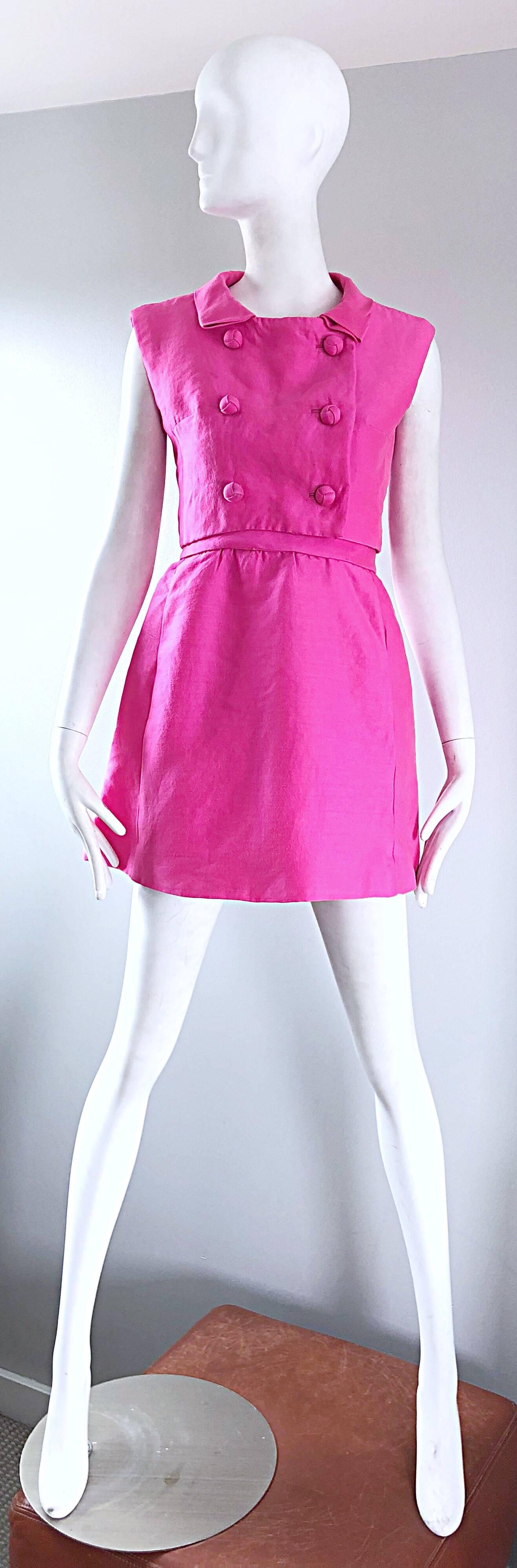 1960s B. Altman Bubblegum Pink Raw Silk Vintage 60s A - Line Dress + Crop Top 8