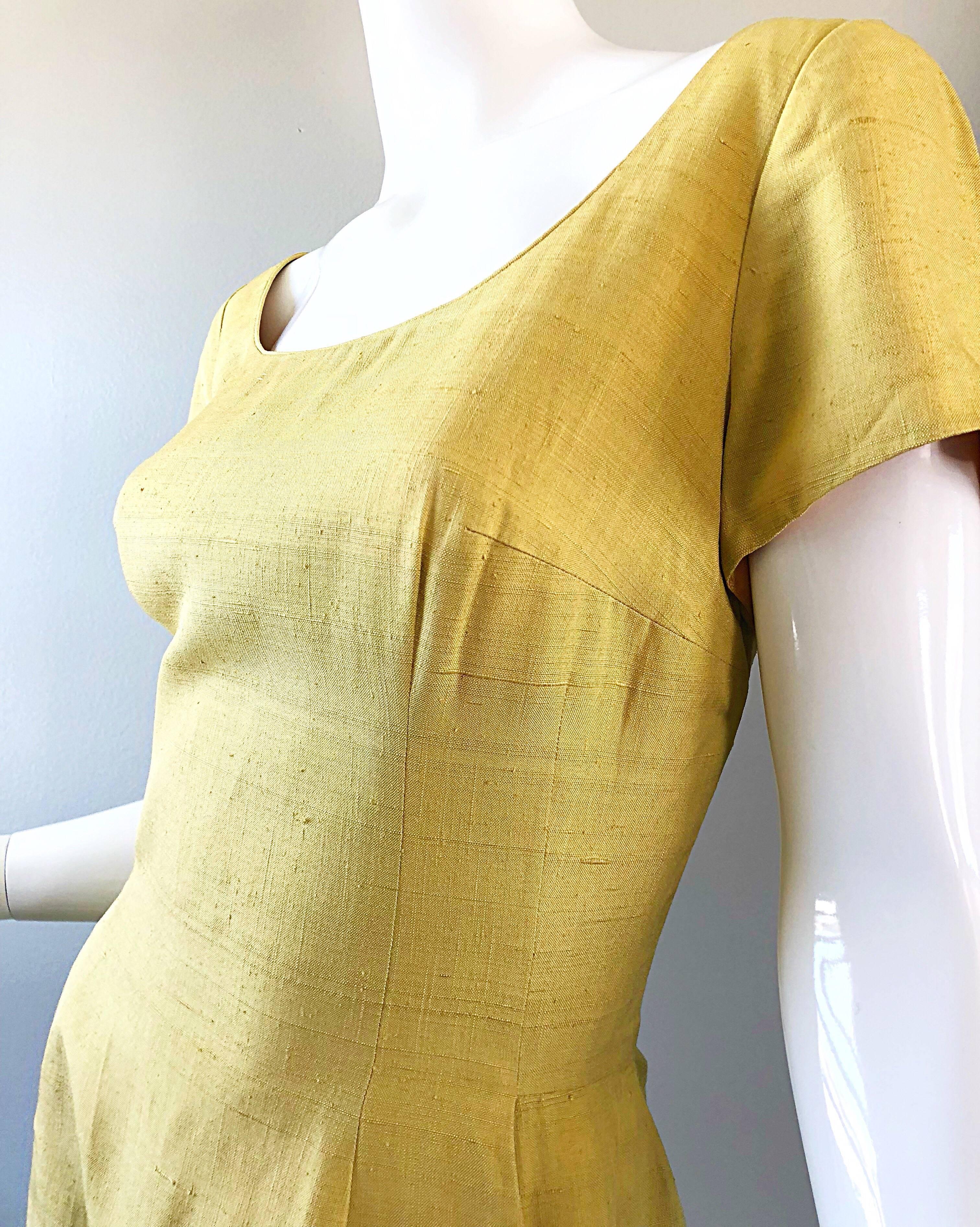 Women's 1950s Mr. Blackwell Current Size 10 / 12 Mustard Yellow Silk Vintage 50s Dress For Sale