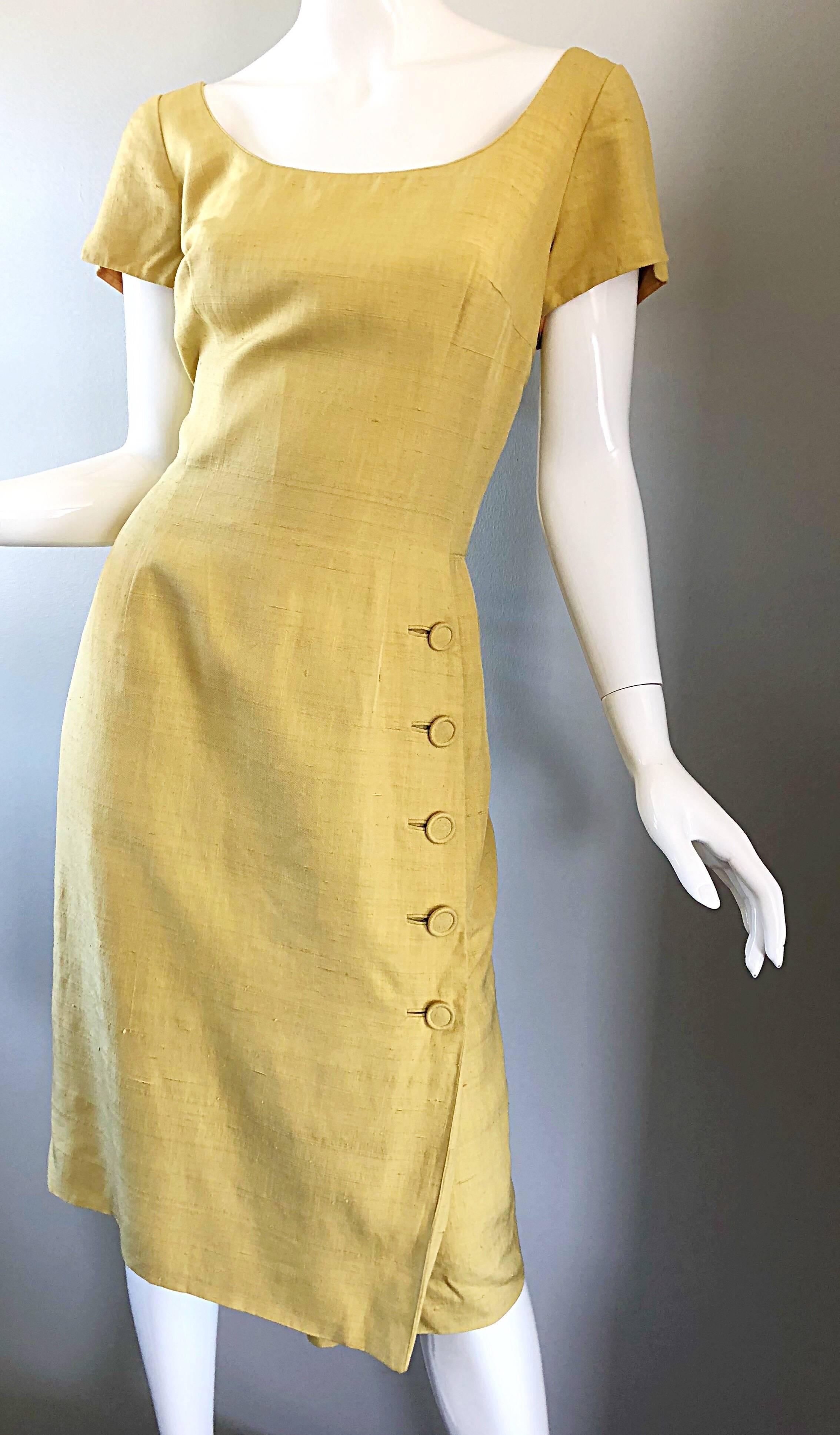1950s Mr. Blackwell Current Size 10 / 12 Mustard Yellow Silk Vintage 50s Dress For Sale 1
