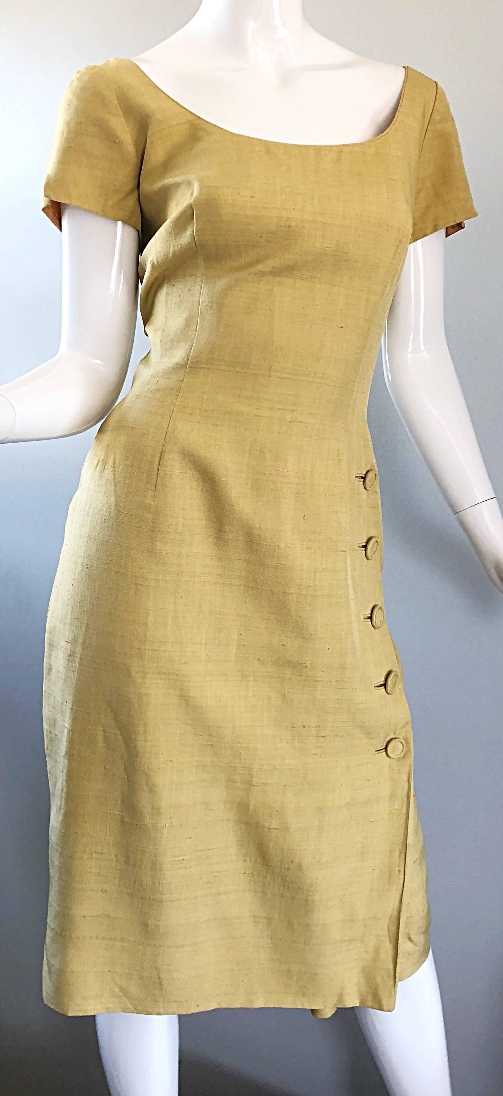 1950s Mr. Blackwell Current Size 10 / 12 Mustard Yellow Silk Vintage 50s Dress For Sale 3