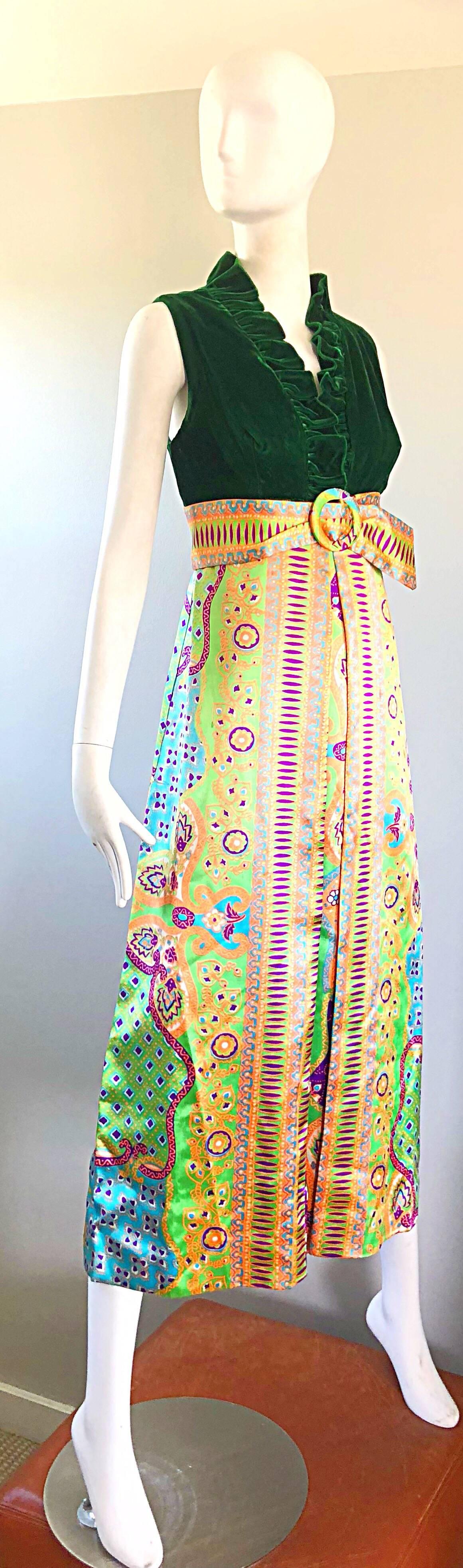 Brown 1970s Oscar de la Renta Psychedelic Silk + Velvet Vintage 70s Maxi Dress Gown 