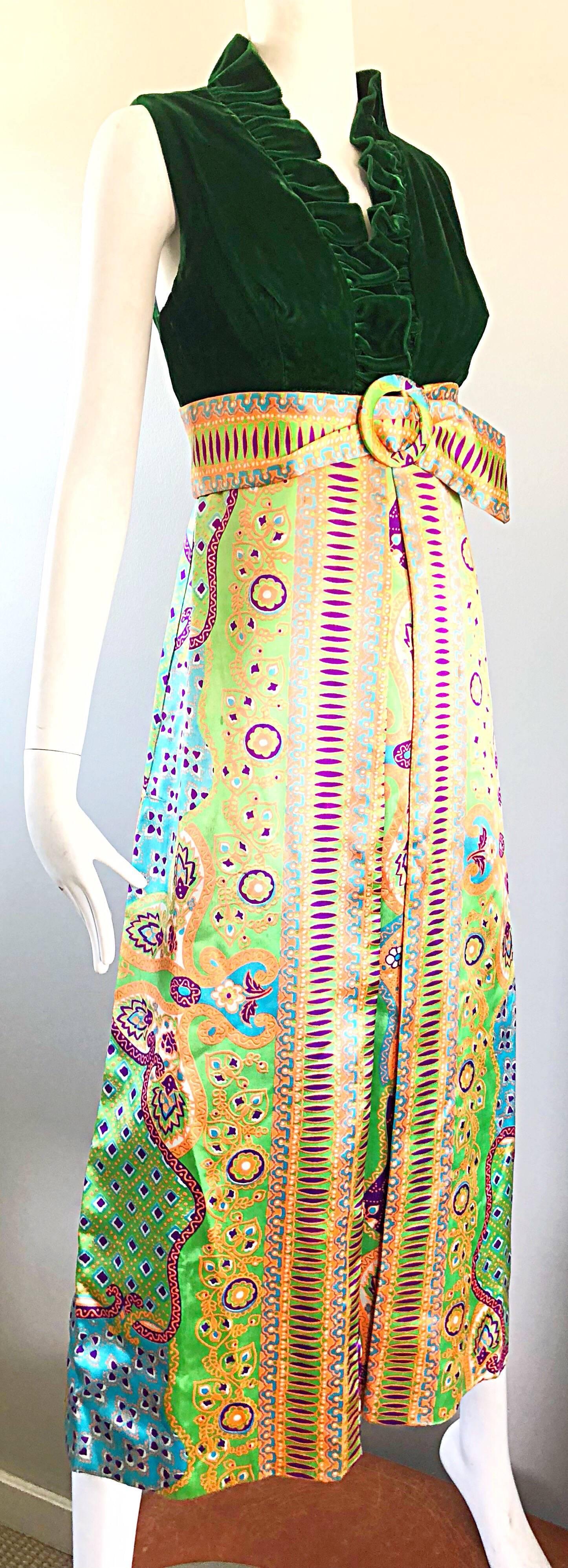 Women's 1970s Oscar de la Renta Psychedelic Silk + Velvet Vintage 70s Maxi Dress Gown 