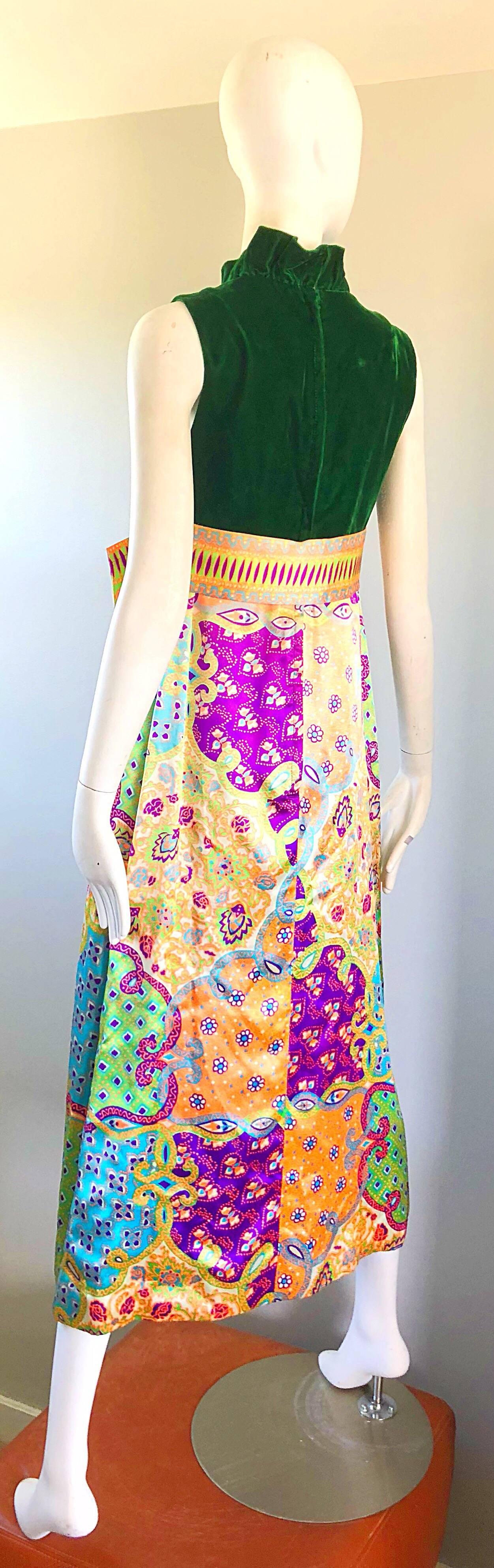 1970s Oscar de la Renta Psychedelic Silk + Velvet Vintage 70s Maxi Dress Gown  1