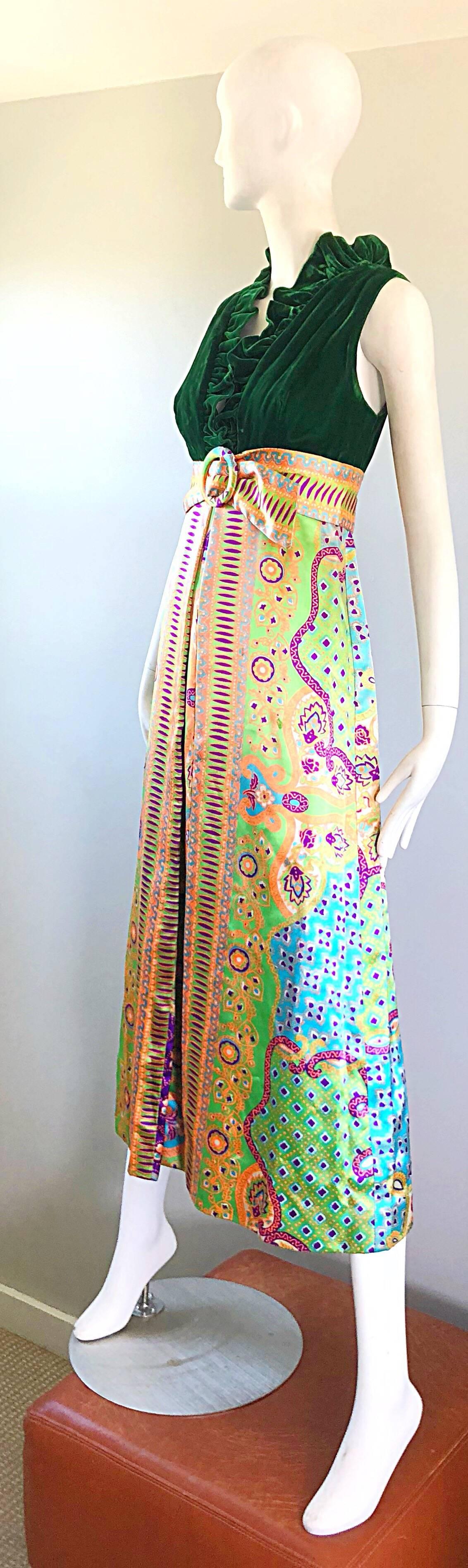 1970s Oscar de la Renta Psychedelic Silk + Velvet Vintage 70s Maxi Dress Gown  4