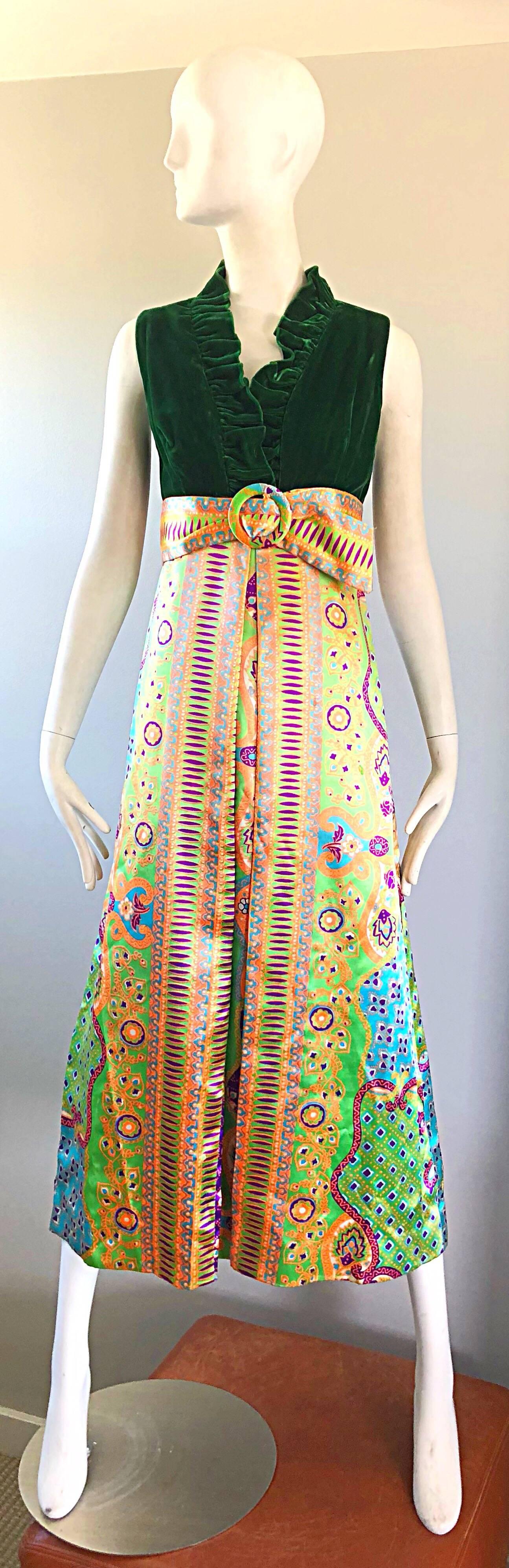 1970s Oscar de la Renta Psychedelic Silk + Velvet Vintage 70s Maxi Dress Gown  5