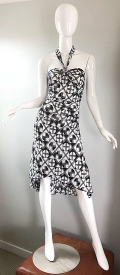1990s Gianni Versace Versus Black and White Abstract Vintage 90s Halter Dress
