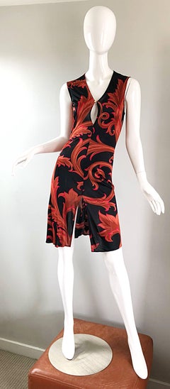 1990s Gianni Versace Couture Red + Black Baroque Print Vintage 90s Asian Dress