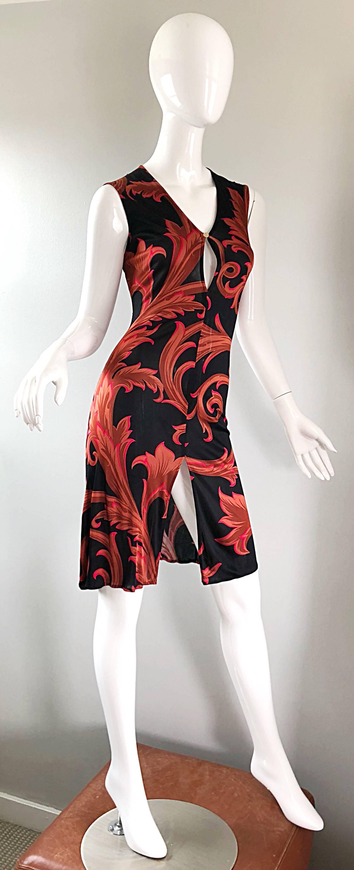 1990s Gianni Versace Couture Red + Black Baroque Print Vintage 90s Asian Dress 2