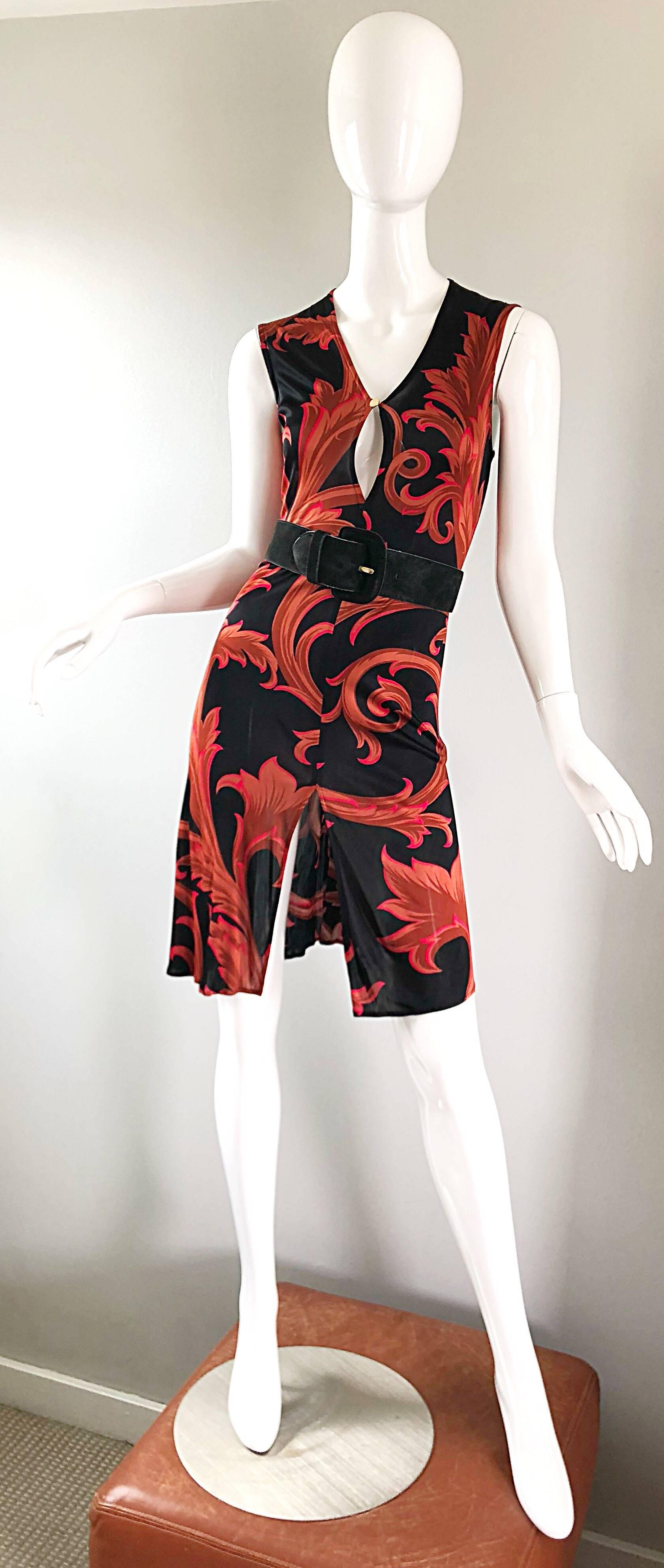 1990s Gianni Versace Couture Red + Black Baroque Print Vintage 90s Asian Dress 8