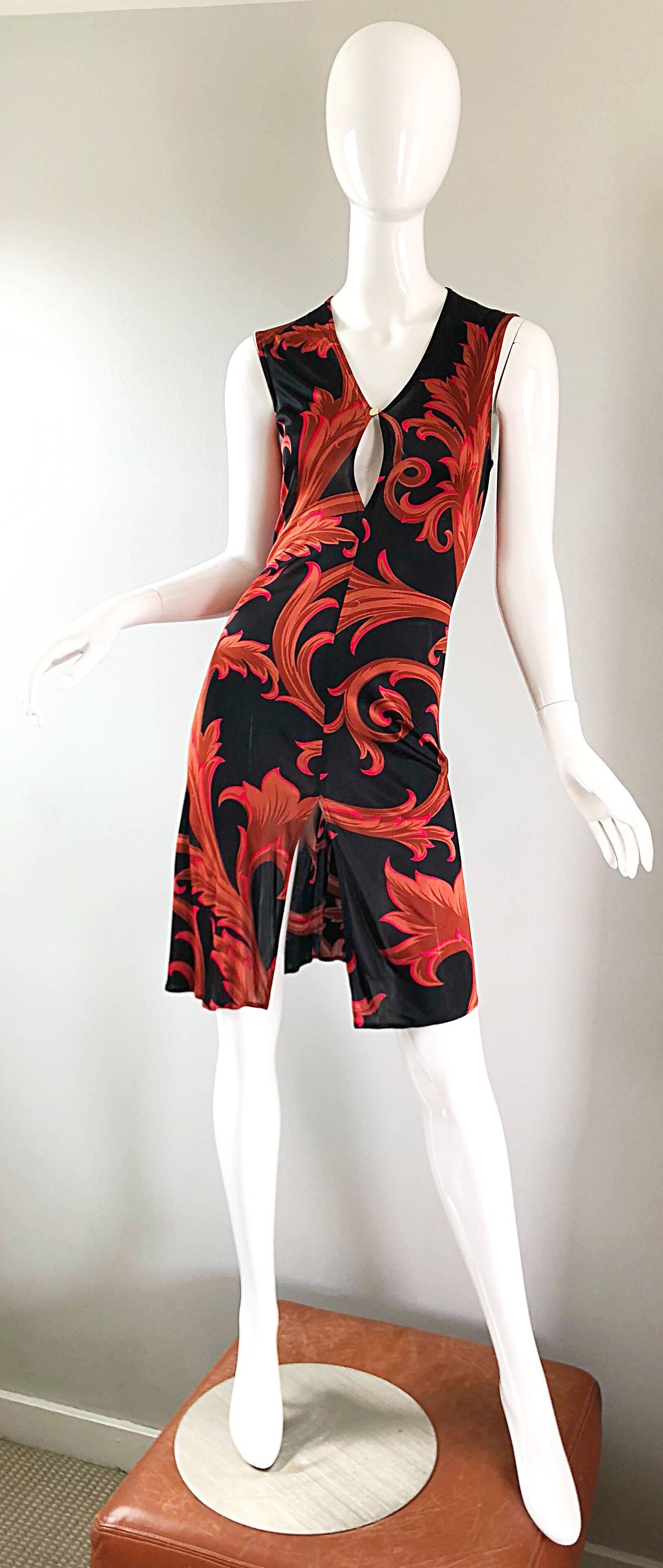 1990s Gianni Versace Couture Red + Black Baroque Print Vintage 90s Asian Dress 12