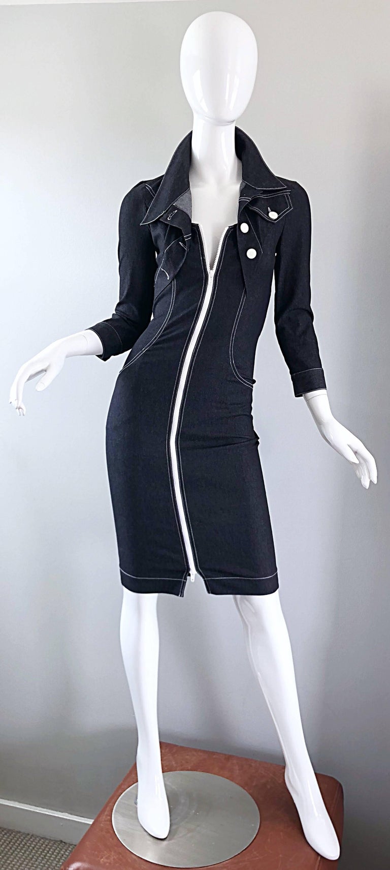 Amazing sexy in all the right ways early 1990s ANGELO TARLAZZI 'faux bolero' bodycon denim dress! Features a soft cotton denim / elastane fabric that stretches to fit. Attached bolero jacket has a unique asymmetrical collar. Full white zipper up the