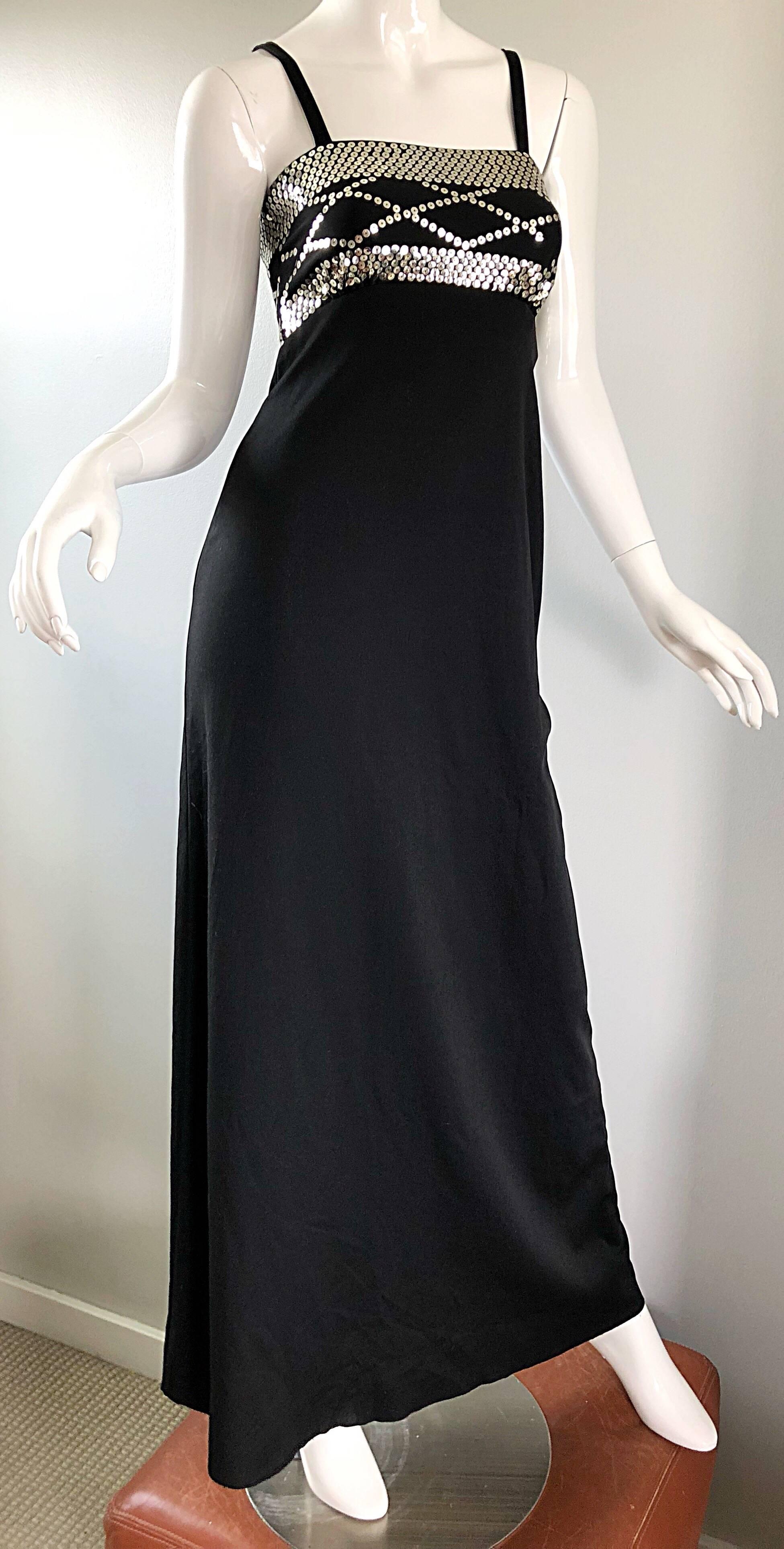 Robe longue disco vintage en jersey géométrique à paillettes noires et argentées des années 1970 Pour femmes en vente