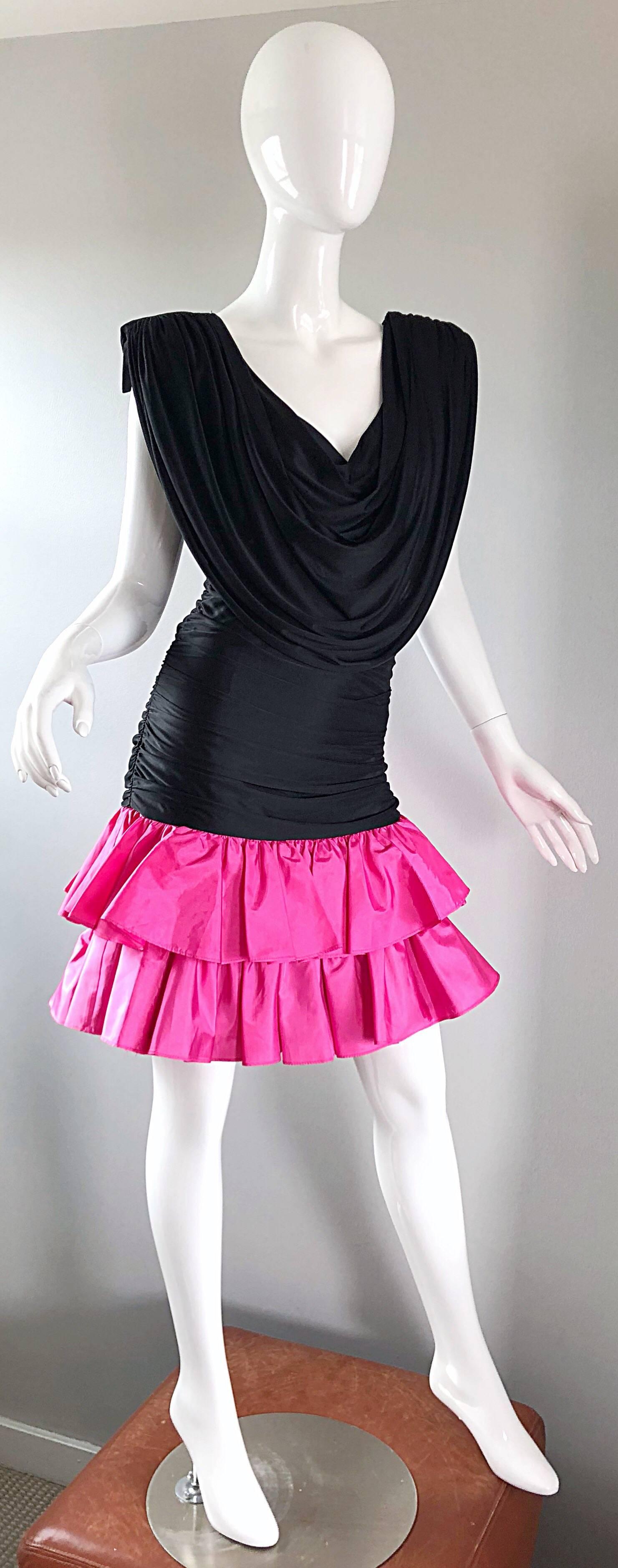 1980s Hot Pink + Black Avant Garde Strong Shoulder Vintage 80s Cocktail Dress 1